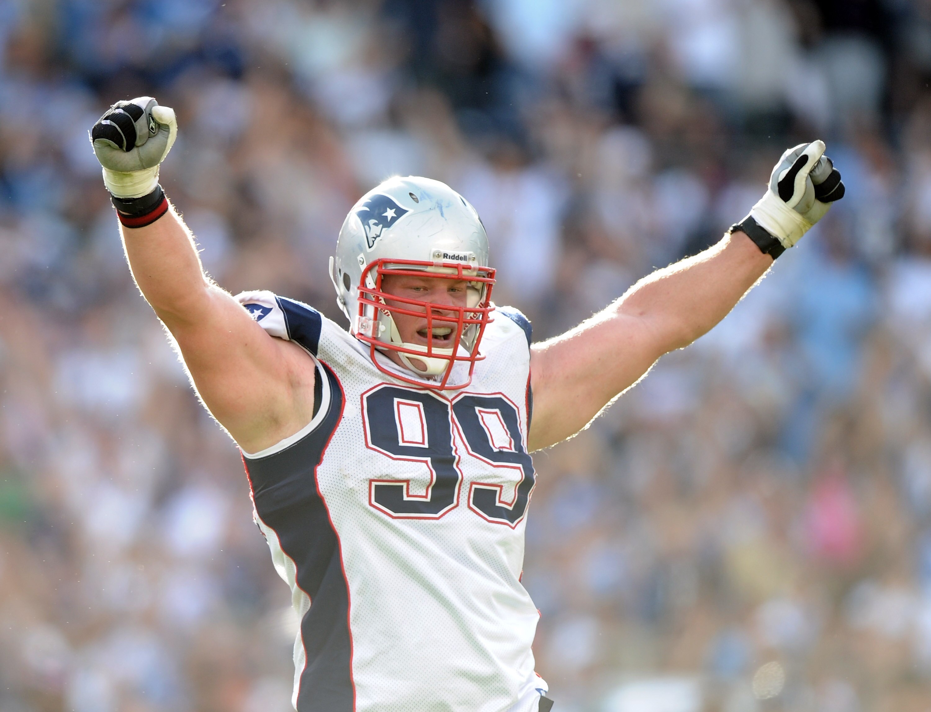 SAN DIEGO - OCTOBER 24: Mike Wright #99 of the New England Patriots celebrates a missed last second field goal for a 23-20 win over the San Diego Chargers at Qualcomm Stadium on October 24, 2010 in San Diego, California.  (Photo by Harry How/Getty Images)