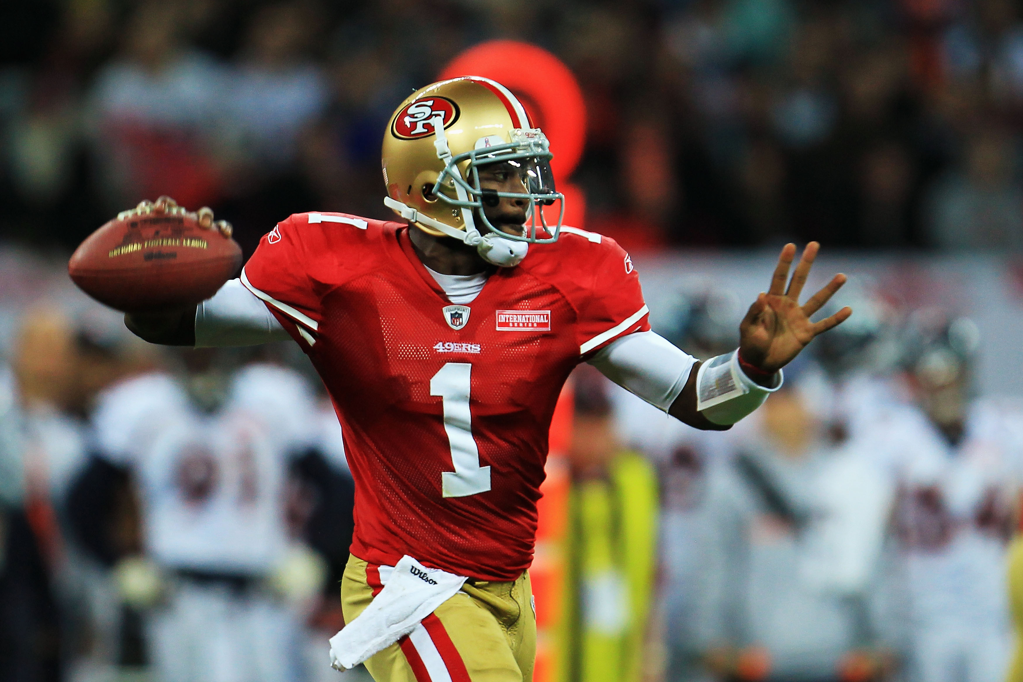 LONDON, ENGLAND - OCTOBER 31:  Troy Smith #1 of San Francisco 49ers prepares to release the ball during the NFL International Series match between Denver Broncos and San Francisco 49ers at Wembley Stadium on October 31, 2010 in London, England. This is th