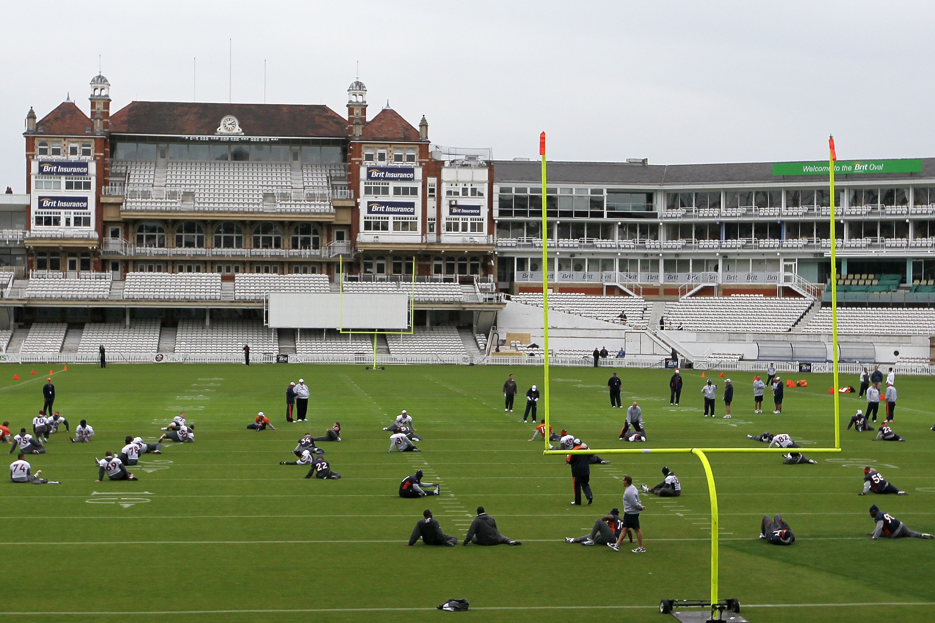 LONDON, ENGLAND - OCTOBER 29:  Players from the Denver Broncos warm up during a team training session at The Brit Oval on October 29, 2010 in London, England. The Denver Broncos will play the San Francisco 49ers at Wembley Stadium on October 31.  (Photo b