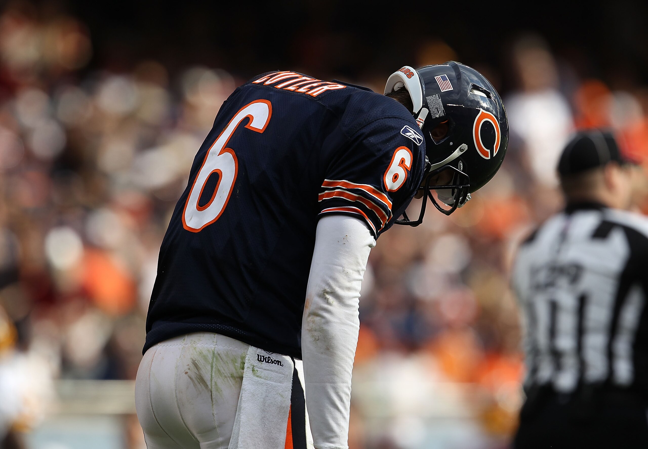 CHICAGO - OCTOBER 24: Jay Cutler #6 of the Chicago Bears reacts after throwing an interception against the Washington Redskins at Soldier Field on October 24, 2010 in Chicago, Illinois. The Redskins defeated the Bears 17-14. (Photo by Jonathan Daniel/Gett