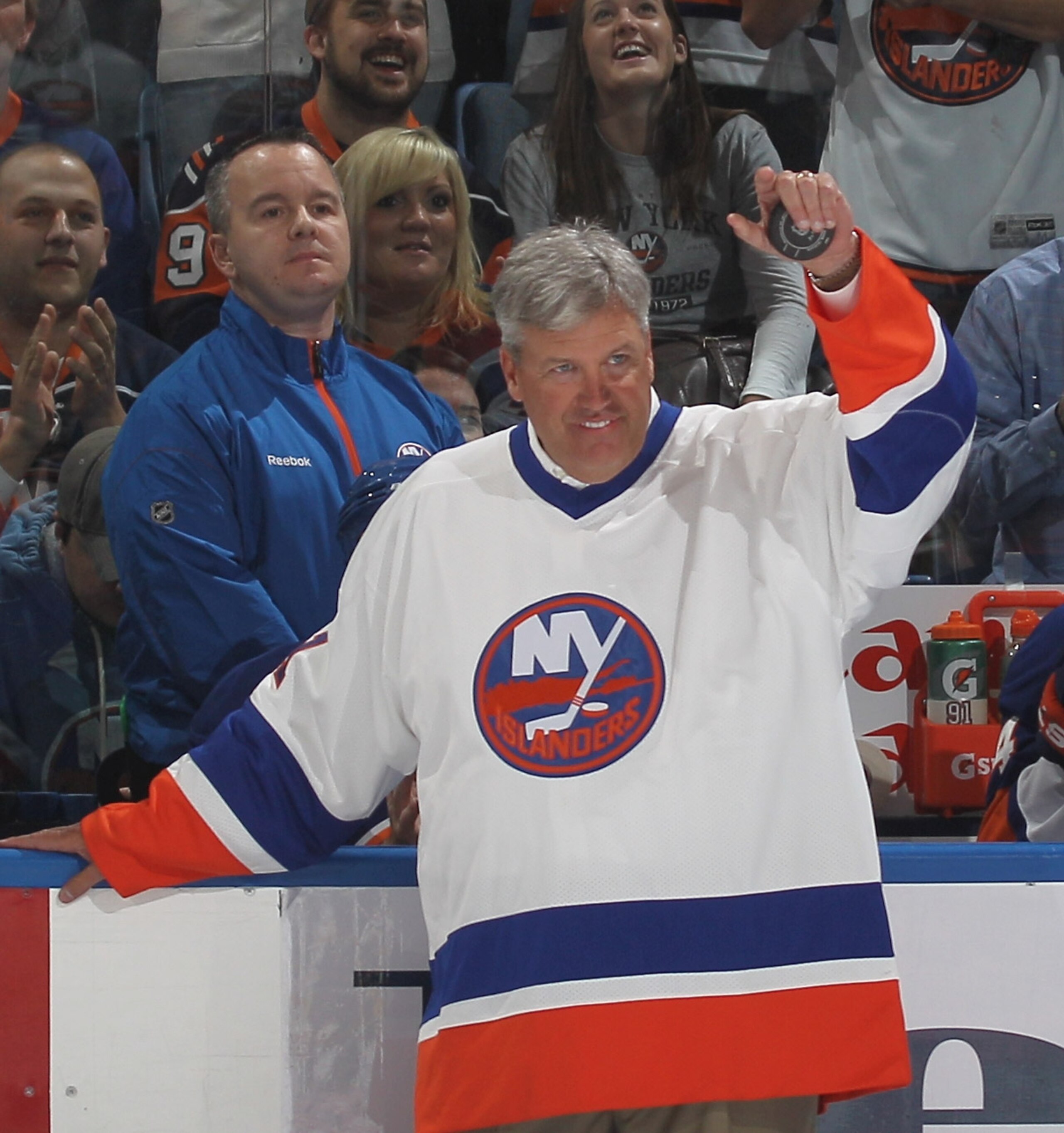 UNIONDALE, NY - OCTOBER 09: New York Jets coach Rex Ryan gets ready to drop the ceremonial puck between Brenden Morrow #10 of the Dallas Stars and Doug Weight #93 of the New York Islanders prior to the Islanders home opener at the Nassau Coliseum on Octo UNIONDALE, NY - OCTOBER 09: New York Jets coach Rex Ryan gets ready to drop the ceremonial puck between Brenden Morrow #10 of the Dallas Stars and Doug Weight #93 of the New York Islanders prior to the Islanders home opener at the Nassau Coliseum on Octo