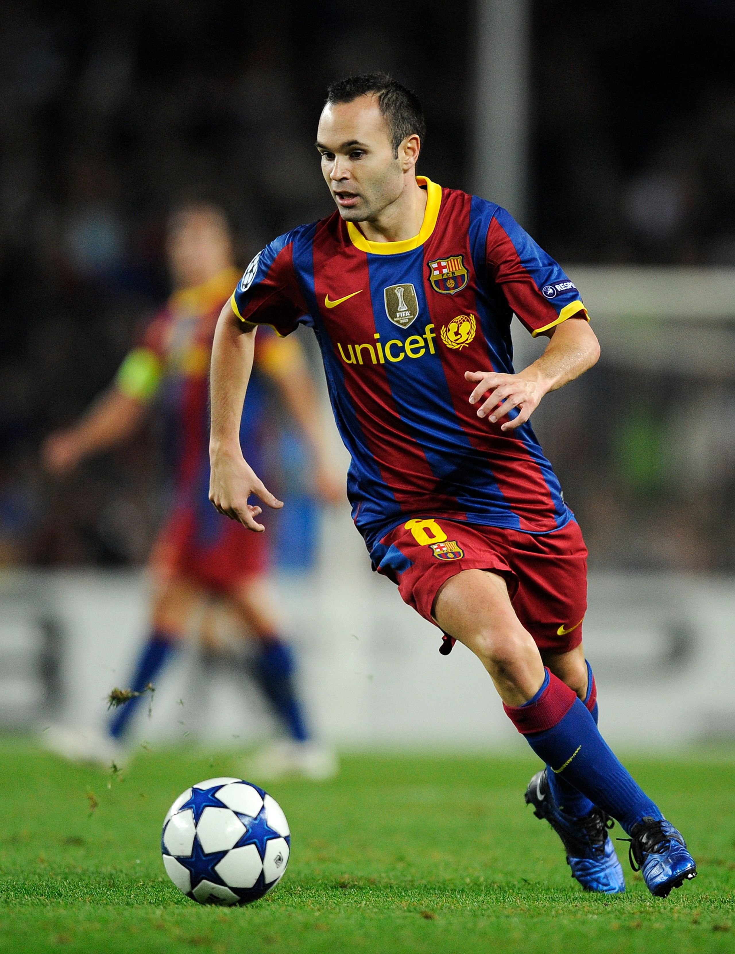 BARCELONA, SPAIN - OCTOBER 20:  Andres Iniesta of Barcelona runs with ball during the UEFA Champions League group D match between Barcelona and FC Copenhagen at the Camp nou stadium on October 20, 2010 in Barcelona, Spain. Barcelona won the match 2-0.  (P