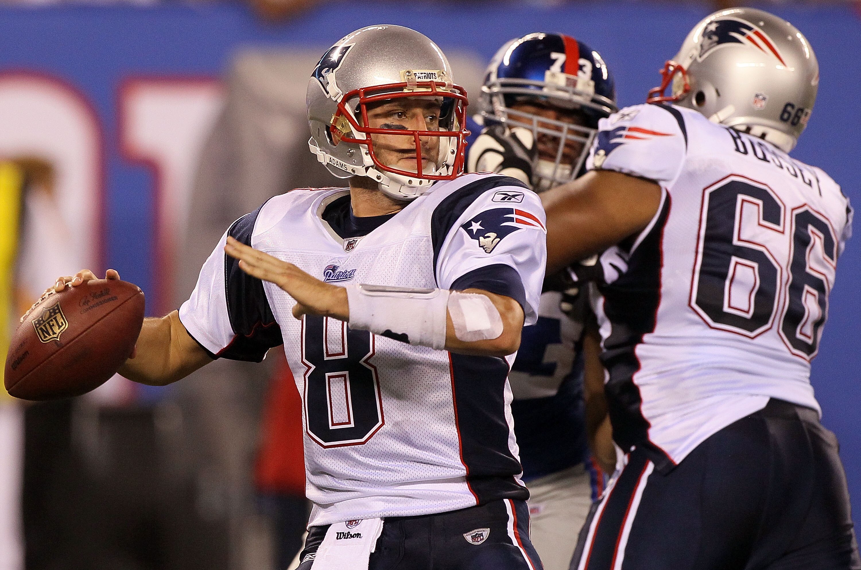 EAST RUTHERFORD, NJ - SEPTEMBER 02:  Brian Hoyer #8 of the New England Patriots throws a pass against the New York Giants on September 2, 2010 at the New Meadowlands Stadium in East Rutherford, New Jersey. The Giants defeated the Patriots 20-17.  (Photo b