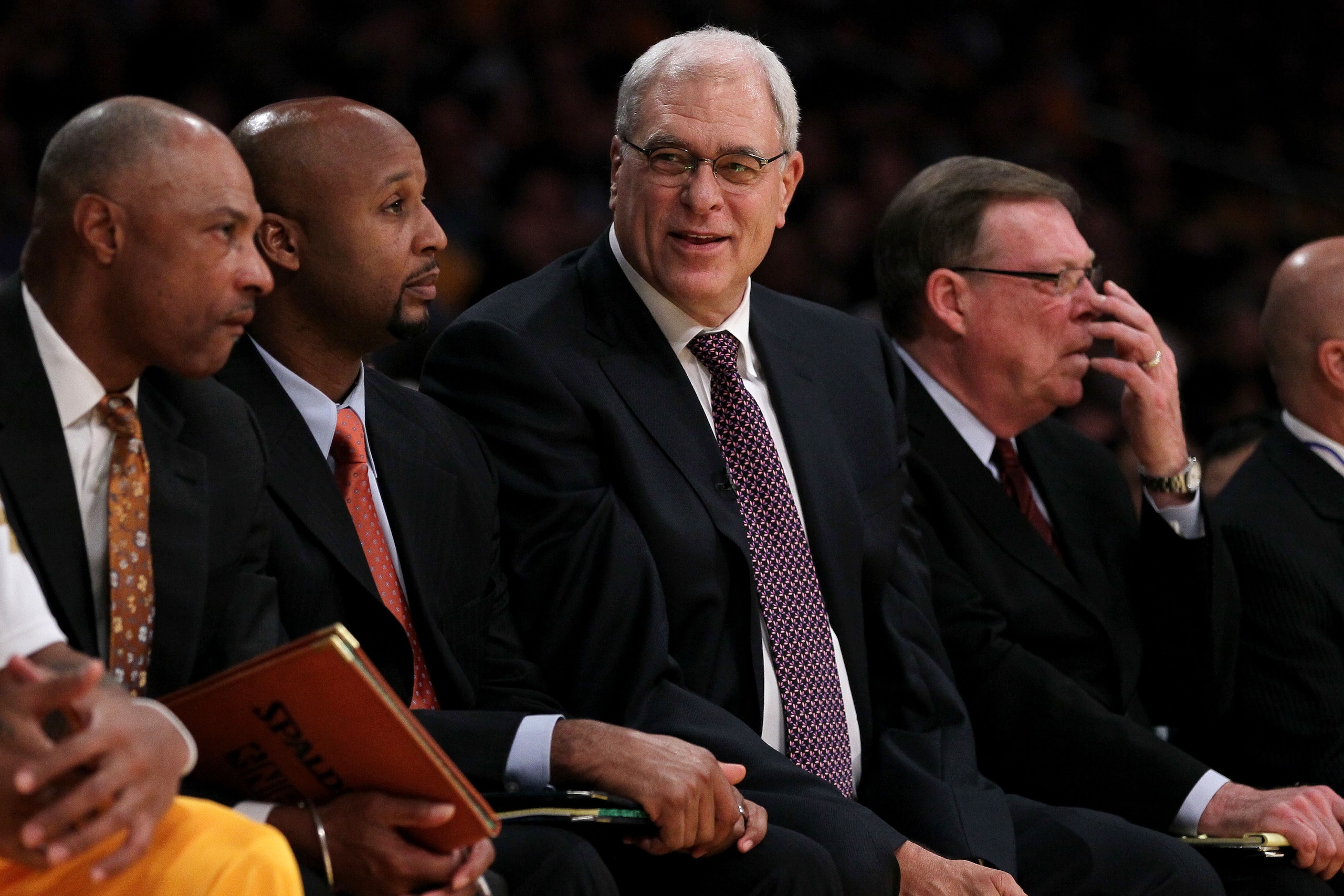 LOS ANGELES, CA - OCTOBER 26:  Head coach Phil Jackson (C) of the Los Angeles Lakers looks on from the bench during the game against the Houston Rockets during opening night at Staples Center on October 26, 2010 in Los Angeles, California. NOTE TO USER: U
