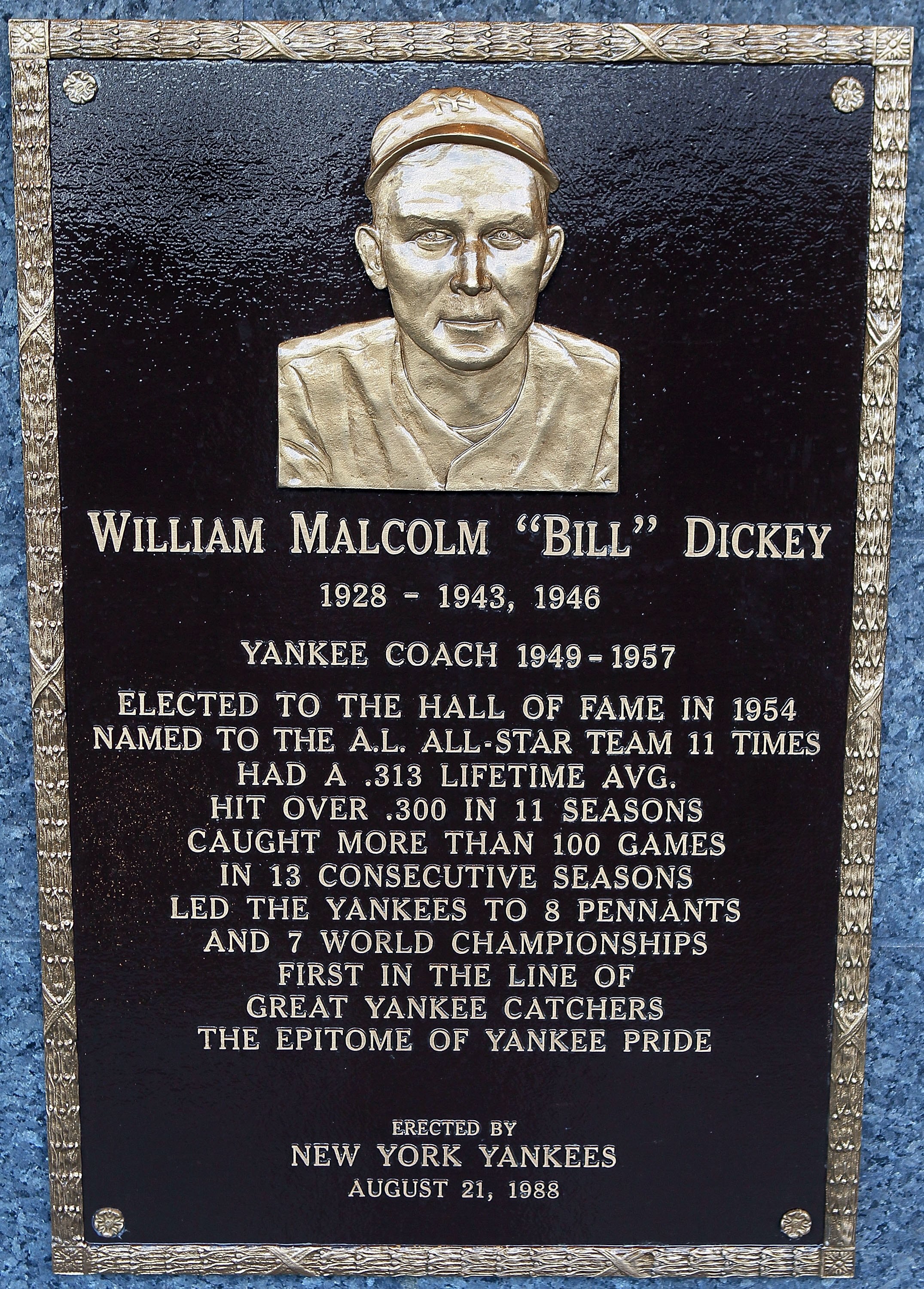 NEW YORK - MAY 02:  The plaque of Bill Dickey is seen in Monument Park at Yankee Stadium prior to the game between the New York Yankees and the Chicago White Sox on May 2, 2010 in the Bronx borough of New York City. The Yankees defeated the White Sox 12-3