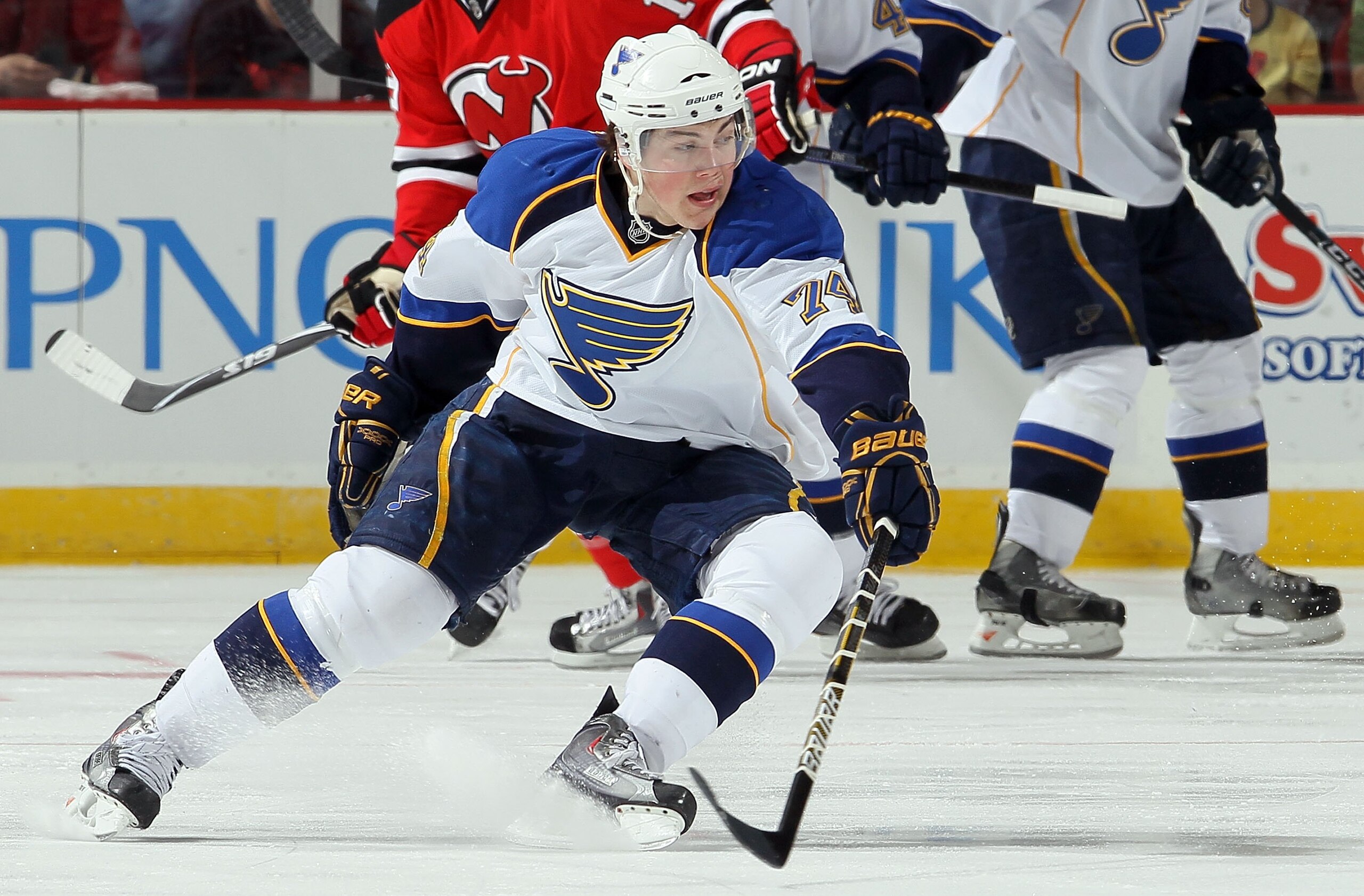 NEWARK, NJ - MARCH 20:  TJ Oshie #74 of the St. Louis Blues skates against the New Jersey Devils at the Prudential Center on March 20, 2010 in Newark, New Jersey. The Blues defeated the Devils 1-0.  (Photo by Jim McIsaac/Getty Images)