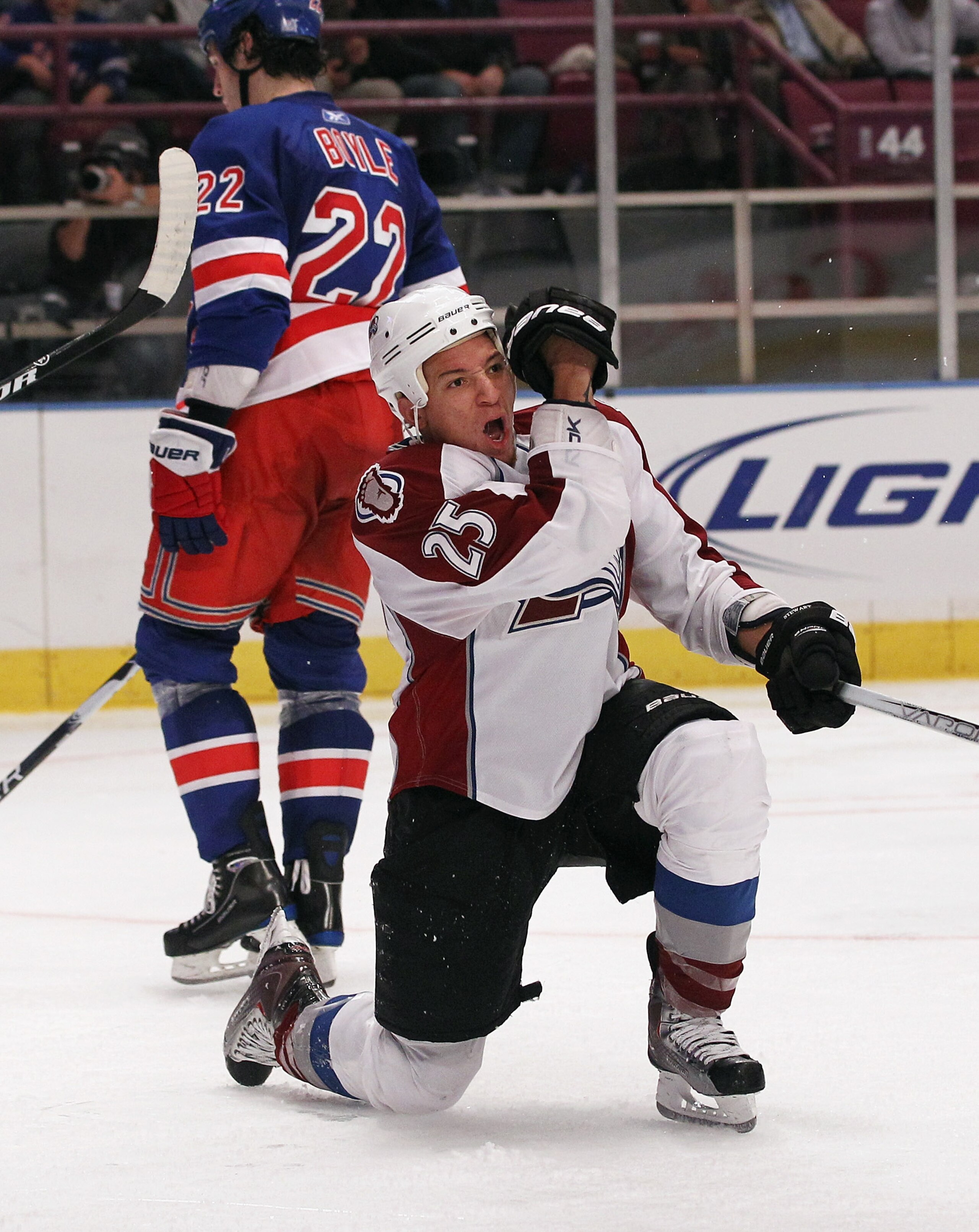 NEW YORK - OCTOBER 18:  Chris Stewart #25 of the Colorado Avalanche scores a the game winning power play goal at 7:20 of the third period against the New York Rangers at Madison Square Garden on October 18, 2010 in New York City. The Avalanche defeated th