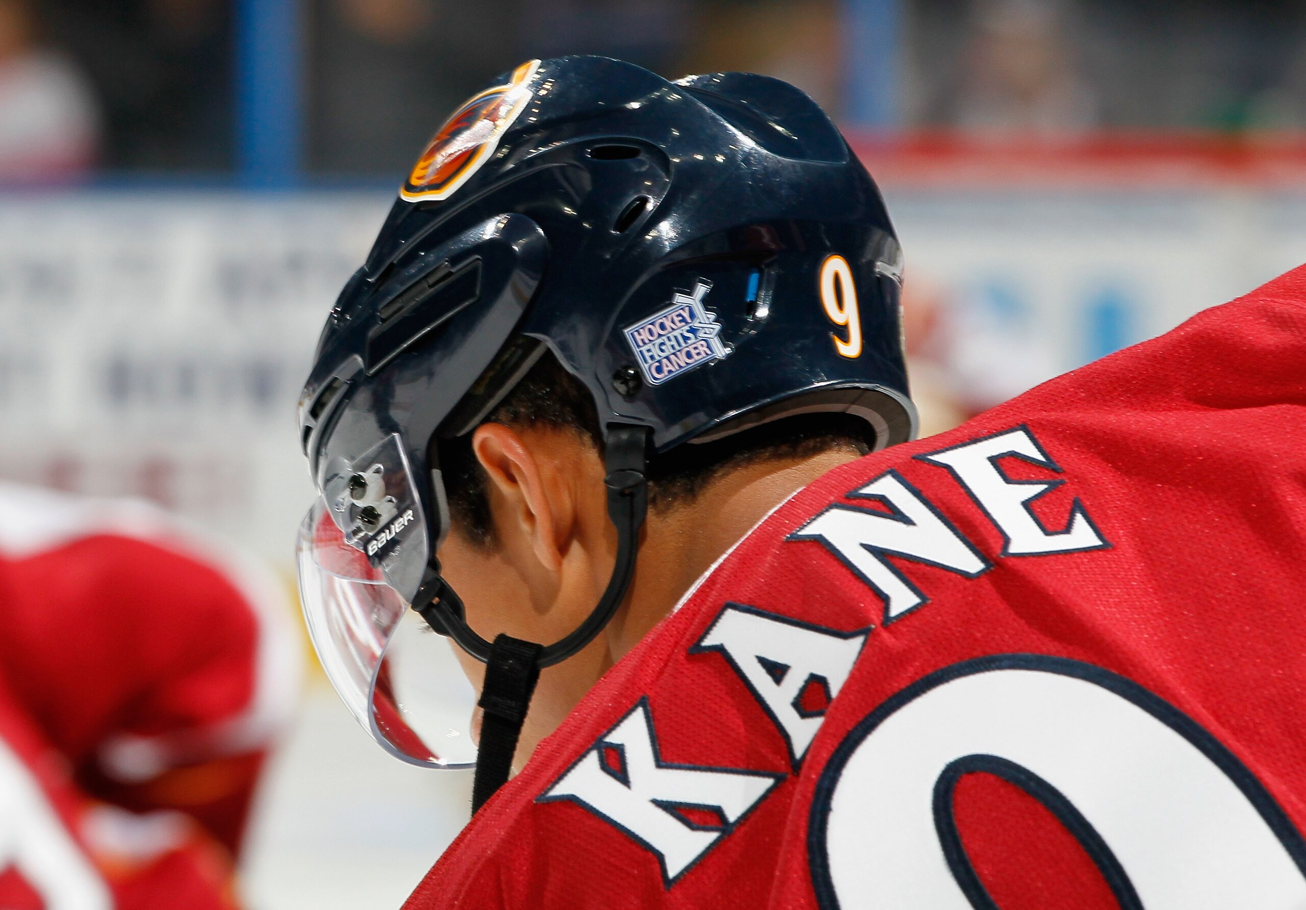 ATLANTA - OCTOBER 22:  A Hockey Fights Cancer sticker is located on the helmet of Evander Kane #9 of the Atlanta Thrashers during warm ups before facing the Tampa Bay Lightning at Philips Arena on October 22, 2010 in Atlanta, Georgia.  (Photo by Kevin C.