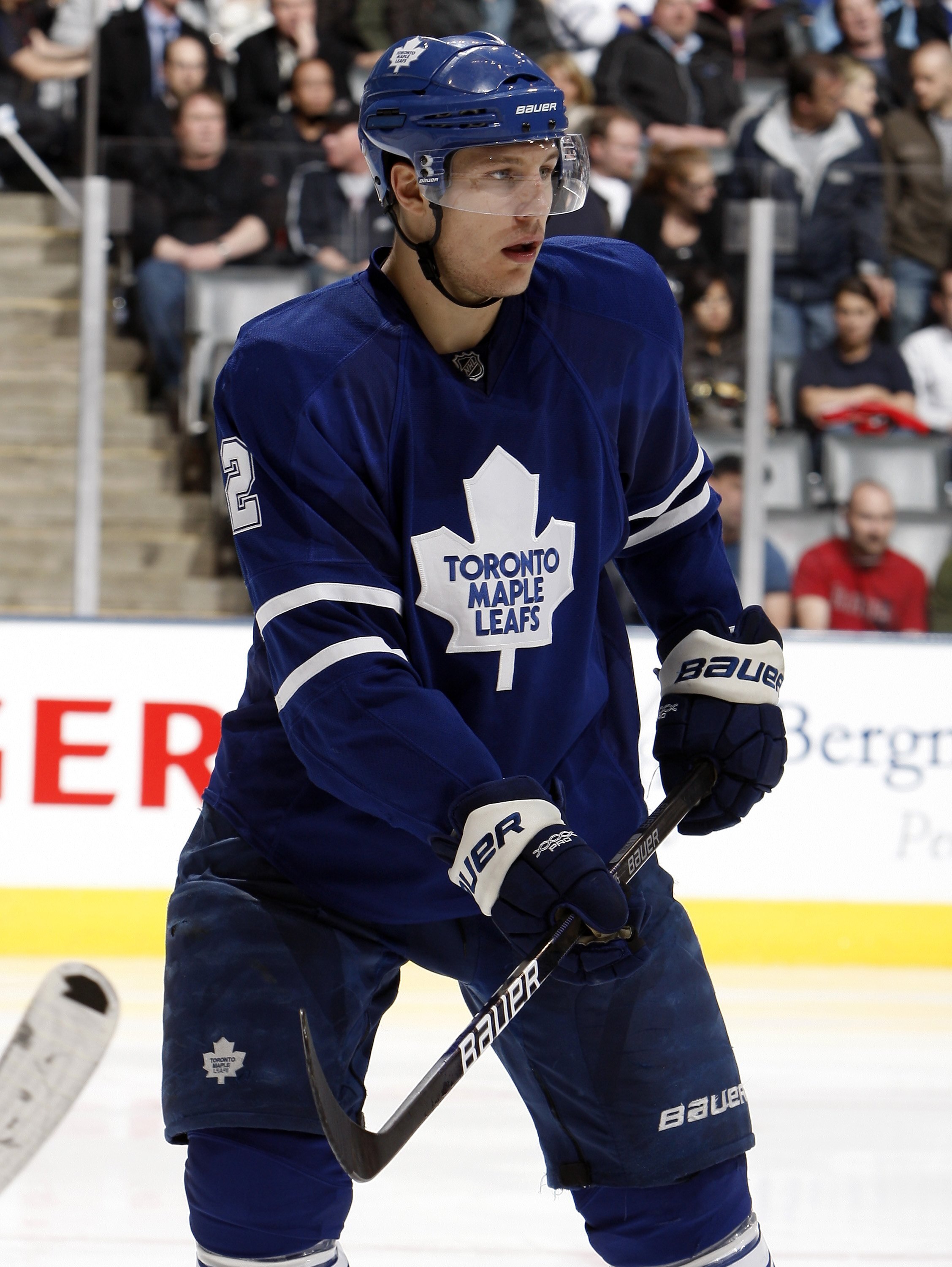 TORONTO - APRIL 6: Luke Schenn #2 of the Toronto Maple Leafs skates up the ice during a NHL game against the Philadelphia Flyers at the Air Canada Centre on April 6, 2010 in Toronto, Ontario, Canada. (Photo by Abelimages/Getty Images)