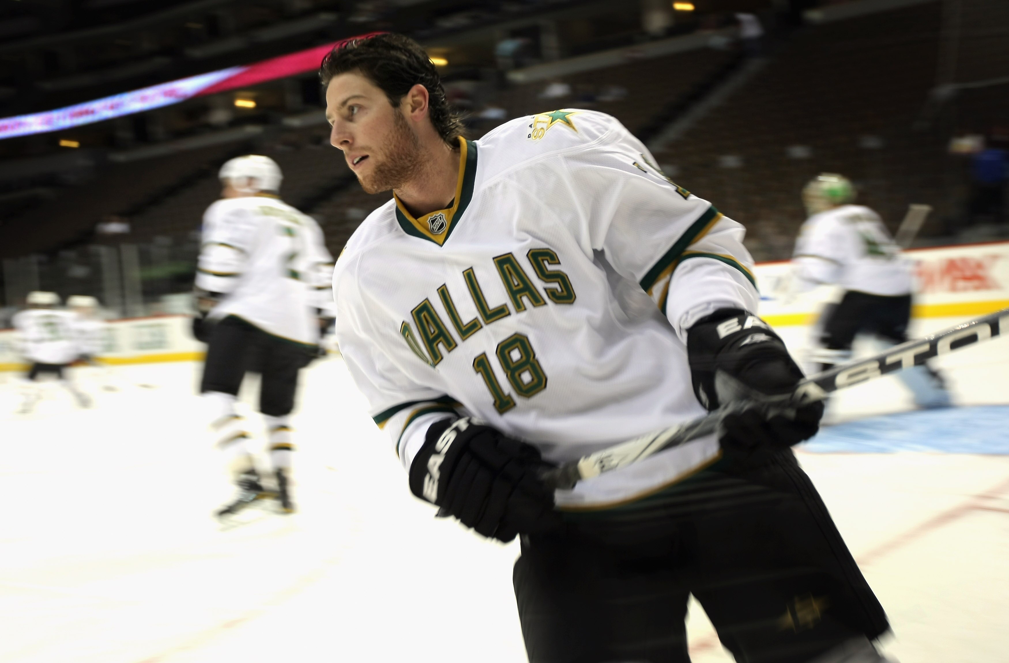 DENVER - SEPTEMBER 28:  James Neal #18 of the Dallas Stars warms up prior to facing the Colorado Avalanche during preseason NHL action at the Pepsi Center on September 28, 2010 in Denver, Colorado. The Avalanche defeated the Stars 2-1.  (Photo by Doug Pen