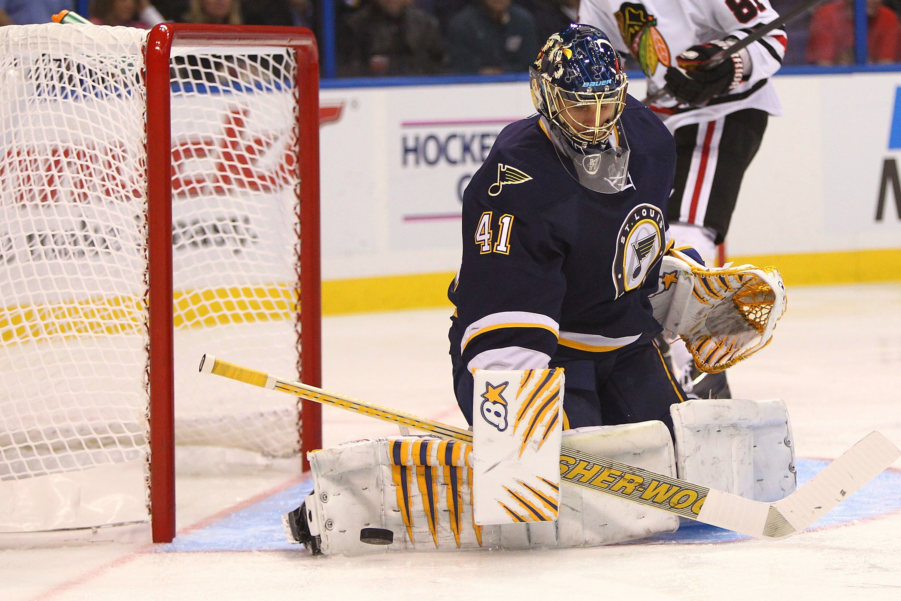 ST. LOUIS - OCTOBER 22: Jaroslav Halak #41 of the St. Louis Blues makes a save against the Chicago Blackhawks at the Scottrade Center on October 22, 2010 in St. Louis, Missouri.  (Photo by Dilip Vishwanat/Getty Images)