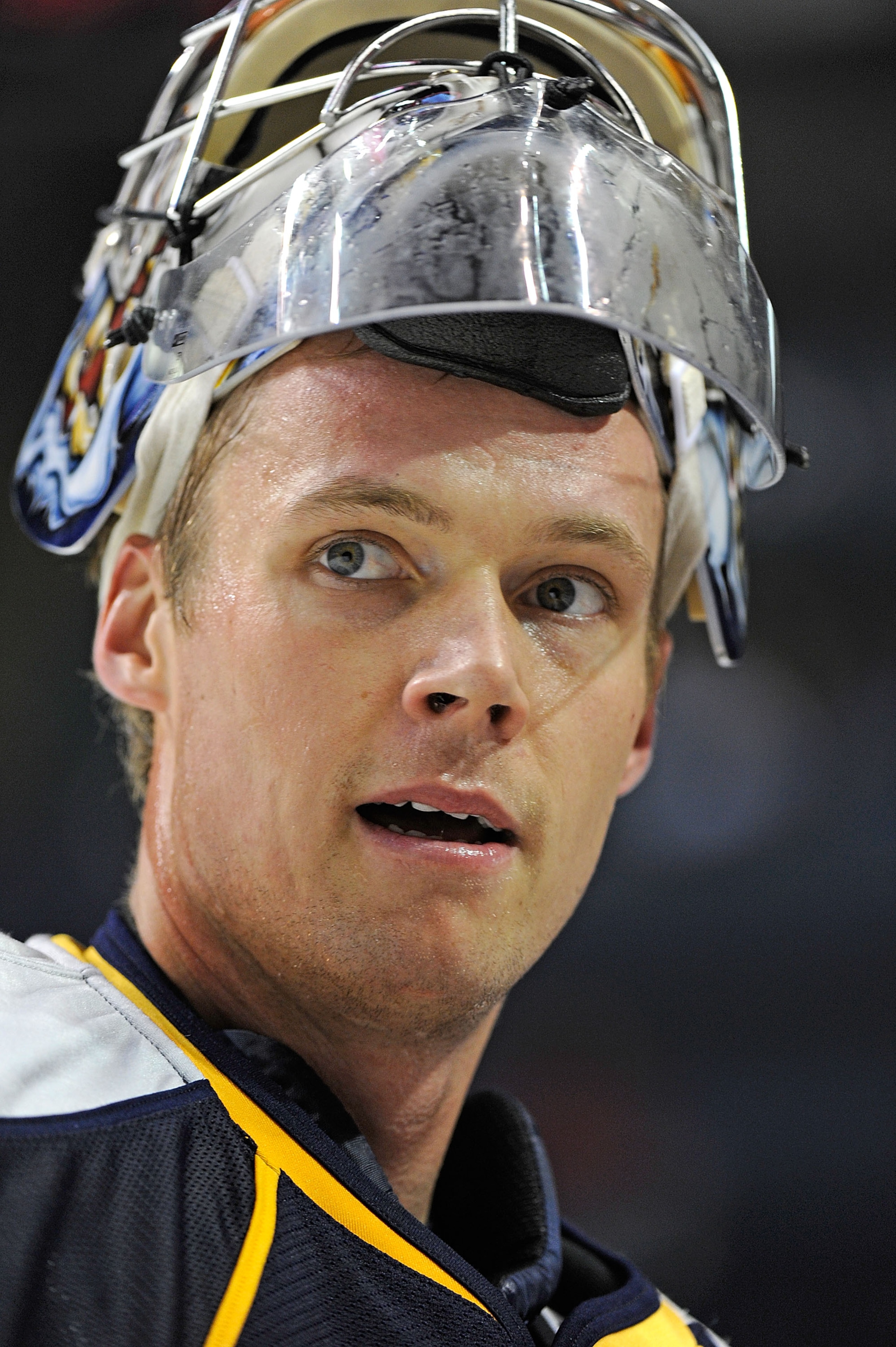 NASHVILLE, TN - OCTOBER 19:  Goalie Pekka Rinne #35 of the Nashville Predators warms up prior to a game against the Calgary Flames on October 19, 2010 in Nashville, Tennessee.  (Photo by Frederick Breedon/Getty Images)