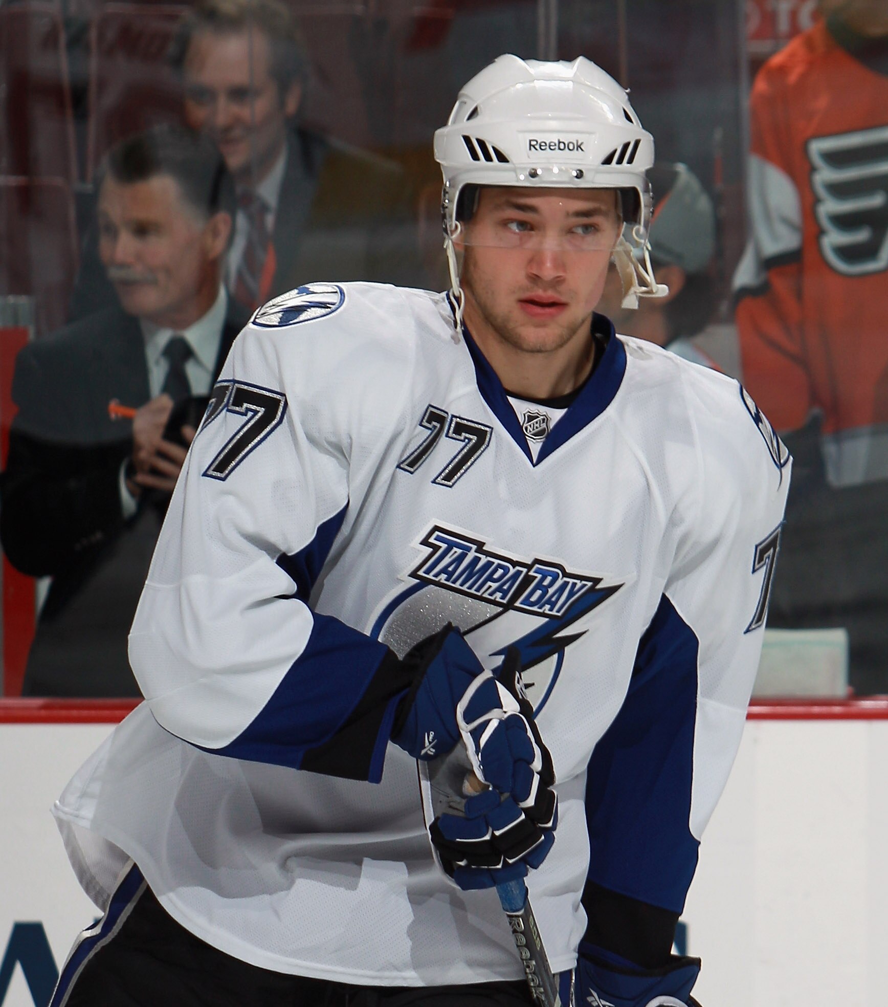 PHILADELPHIA - OCTOBER 14:  Victor Hedman #77 of the Tampa Bay Lightning skates against the Philadelphia Flyers at the Wells Fargo Center on October 14, 2010 in Philadelphia, Pennsylvania.  (Photo by Bruce Bennett/Getty Images)