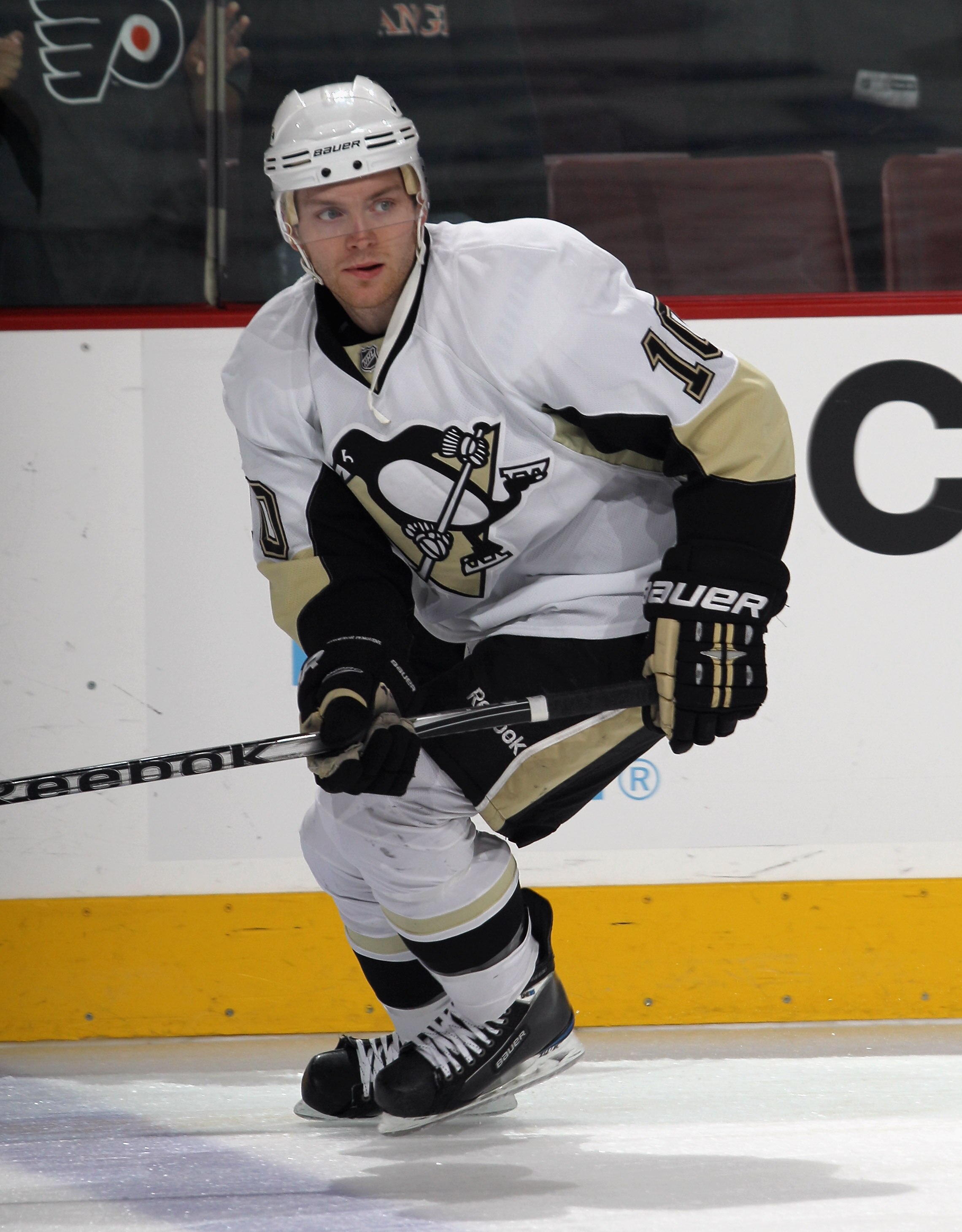 PHILADELPHIA - OCTOBER 16:  Mark Letestu #10 of the Pittsburgh Penguins skates against the Philadelphia Flyers at the Wells Fargo Center on October 16, 2010 in Philadelphia, Pennsylvania.  (Photo by Bruce Bennett/Getty Images)