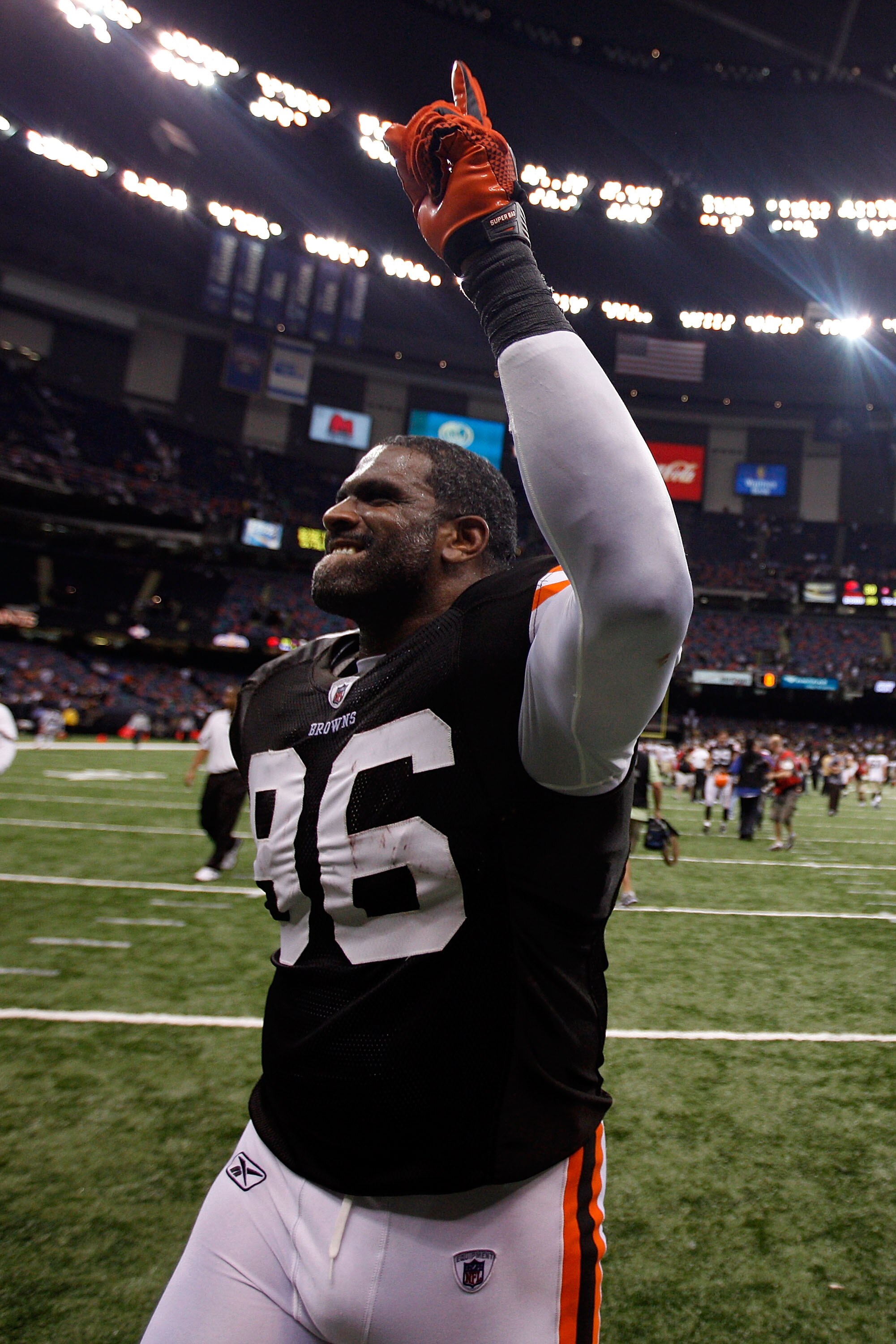 NEW ORLEANS - OCTOBER 24:  David Bowens #96 of the Cleveland Browns celebrates after defeating the New Orleans Saints 30-17 at the Louisiana Superdome on October 24, 2010 in New Orleans, Louisiana.  (Photo by Chris Graythen/Getty Images)