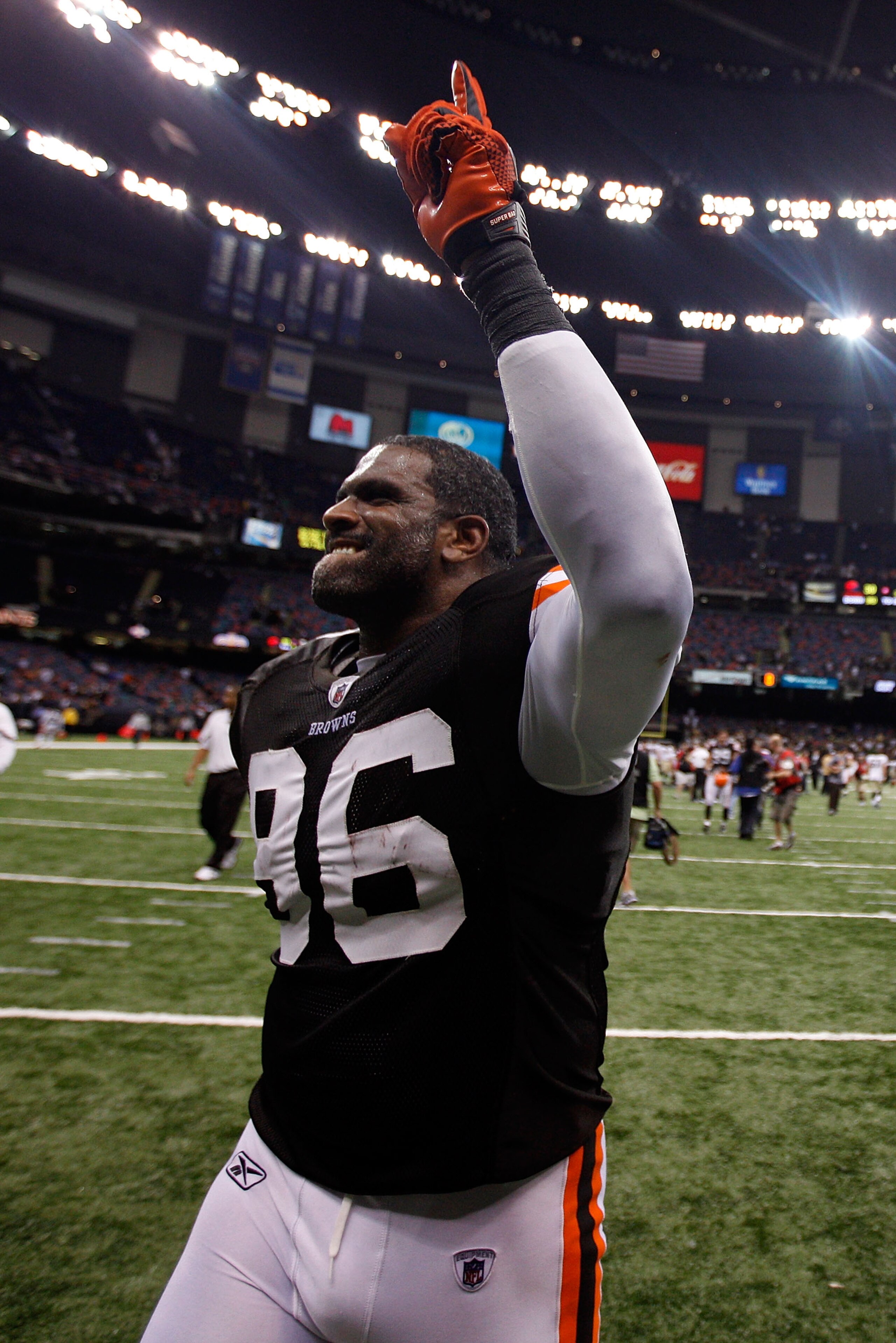 NEW ORLEANS - OCTOBER 24:  David Bowens #96 of the Cleveland Browns celebrates after defeating the New Orleans Saints 30-17 at the Louisiana Superdome on October 24, 2010 in New Orleans, Louisiana.  (Photo by Chris Graythen/Getty Images)