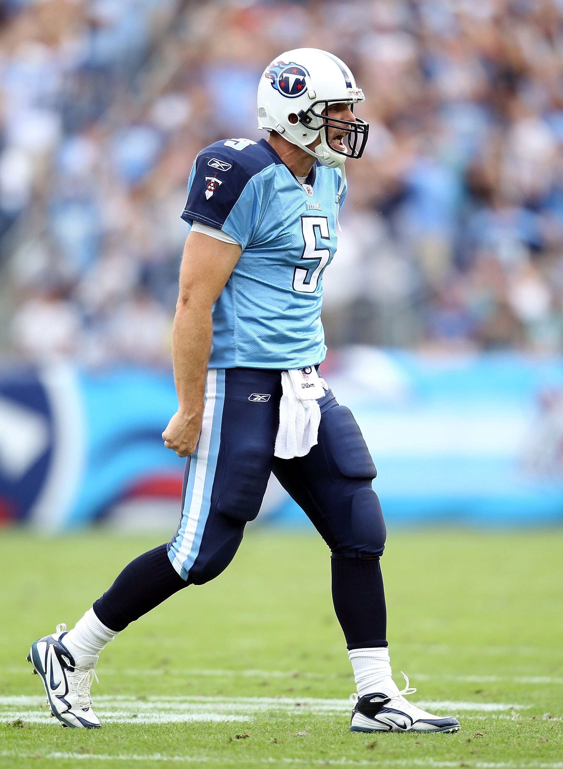 NASHVILLE, TN - OCTOBER 24:  Kerry Collins #5 of the Tennessee Titans celebrates after throwing a touchdown pass during the NFL game against the Philadelphia Eagles at LP Field on October 24, 2010 in Nashville, Tennessee. The Titans won 37-19. (Photo by A