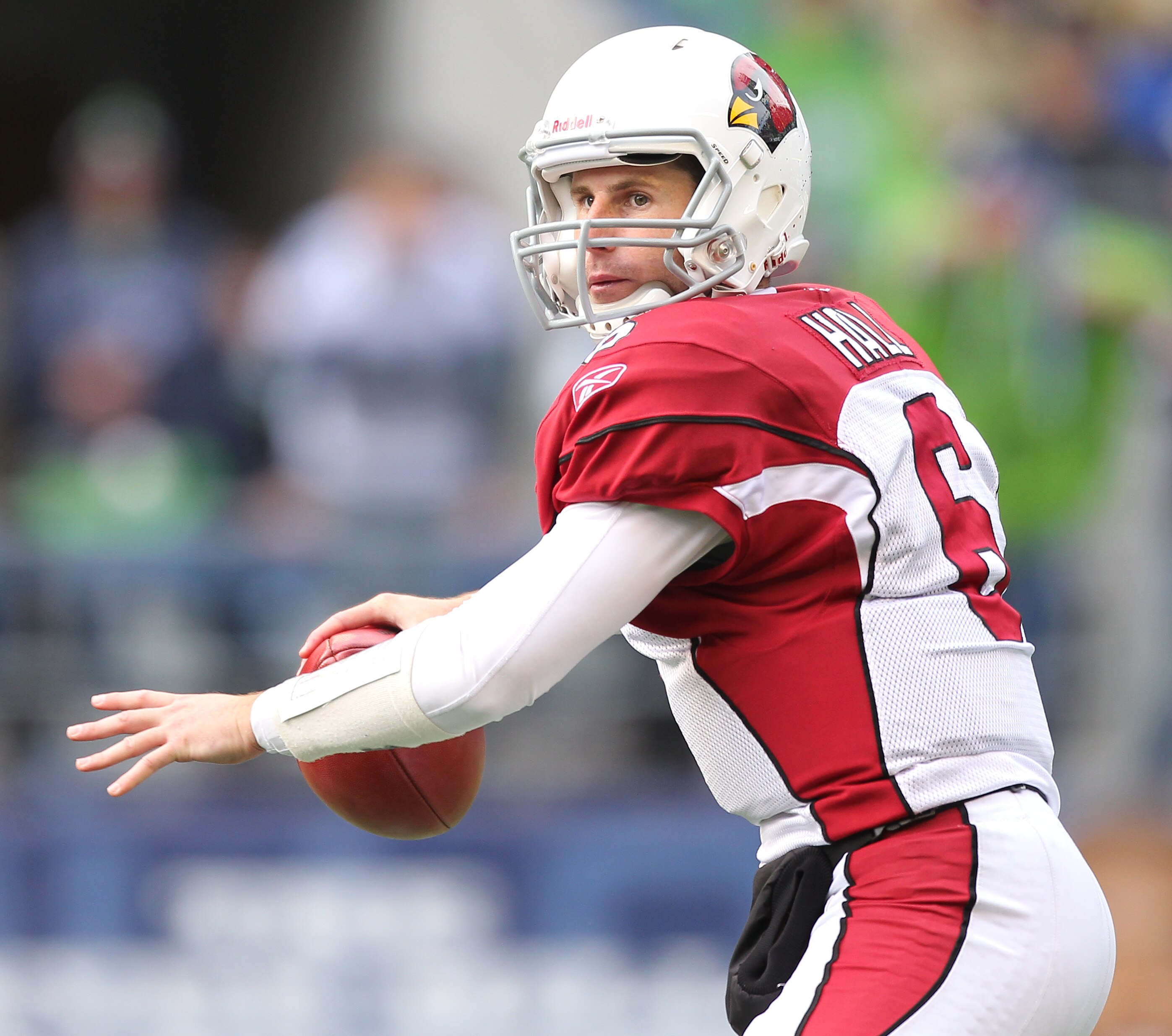 SEATTLE - OCTOBER 24:  Quarterback Max Hall #6 of the Arizona Cardinals looks downfield against the Seattle Seahawks at Qwest Field on October 24, 2010 in Seattle, Washington. (Photo by Otto Greule Jr/Getty Images)