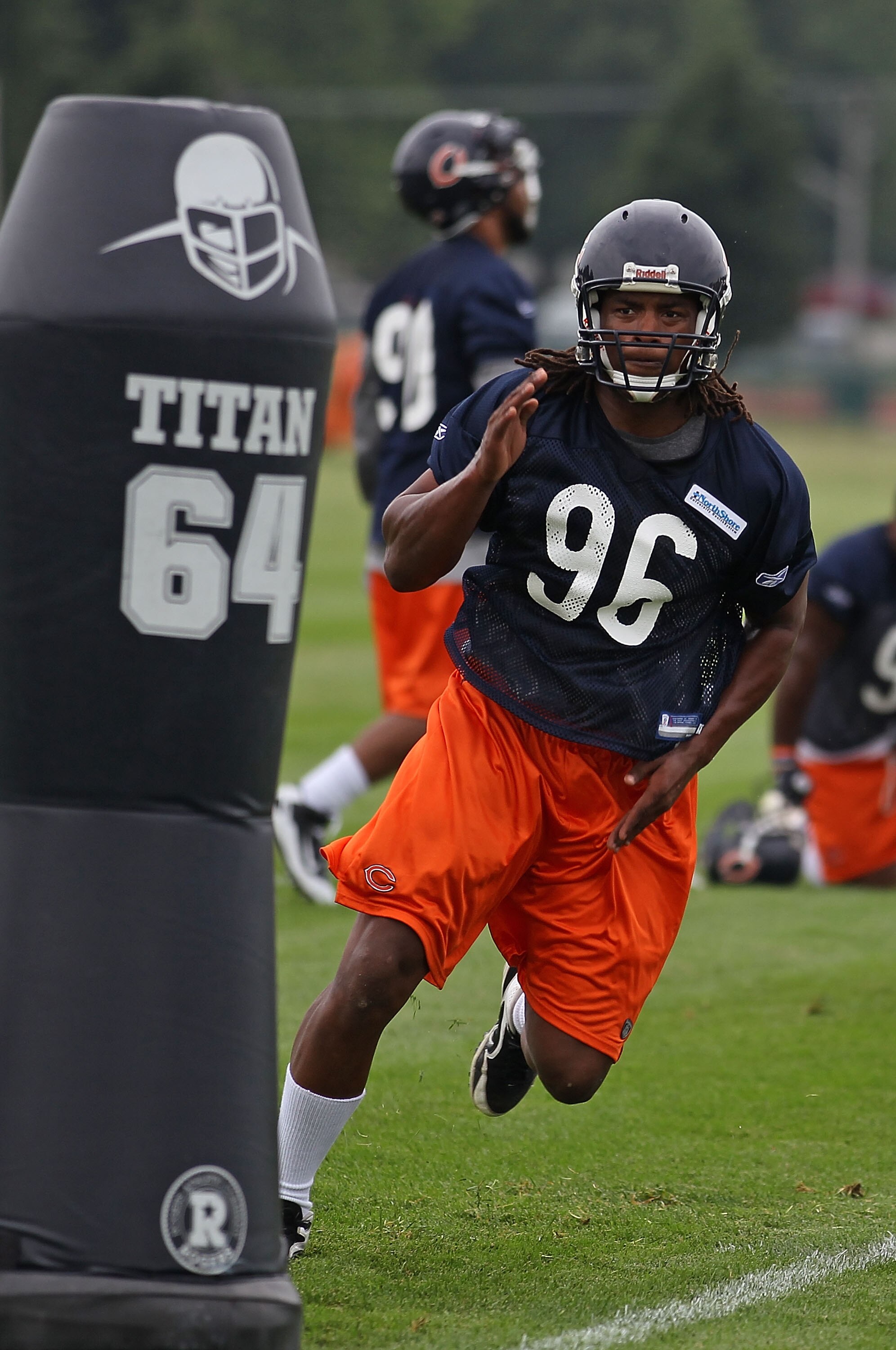 BOURBONNAIS, IL - JULY 30: Barry Turner #96 of the Chicago Bears works out during a summer training camp practice at Olivet Nazarene University on July 30, 2010 in Bourbonnais, Illinois. (Photo by Jonathan Daniel/Getty Images)