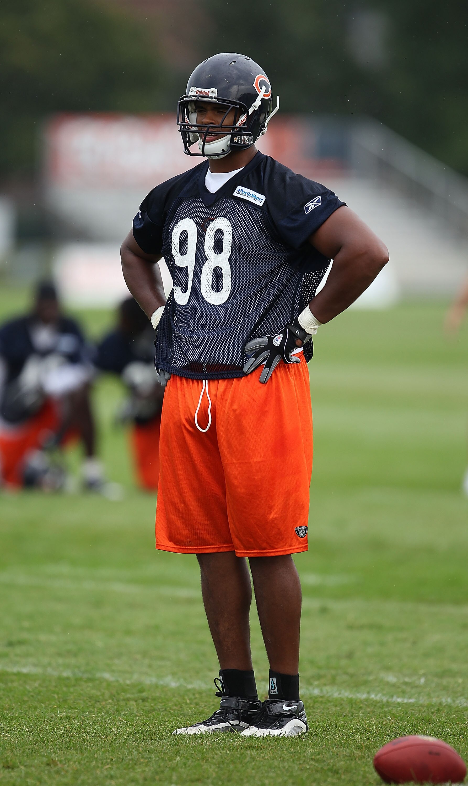 BOURBONNAIS, IL - JULY 30: Corey Wootton #98 of the Chicago Bears waits for the start of play during a summer training camp practice at Olivet Nazarene University on July 30, 2010 in Bourbonnais, Illinois. (Photo by Jonathan Daniel/Getty Images)