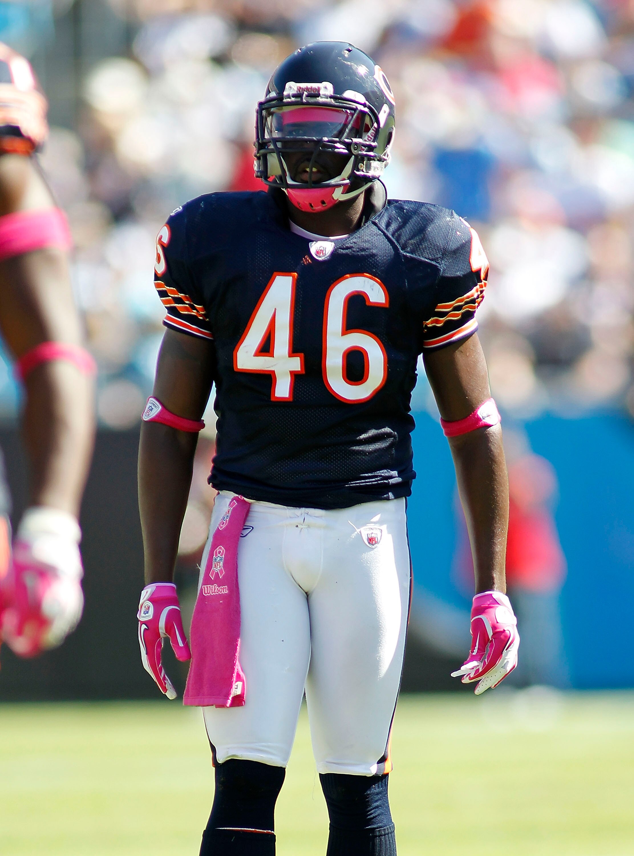 CHARLOTTE, NC - OCTOBER 10: Safety Chris Harris #46 of the Chicago Bears stands on the field against the Carolina Panthers at Bank of America Stadium on October 10, 2010 in Charlotte, North Carolina. (Photo by Geoff Burke/Getty Images)