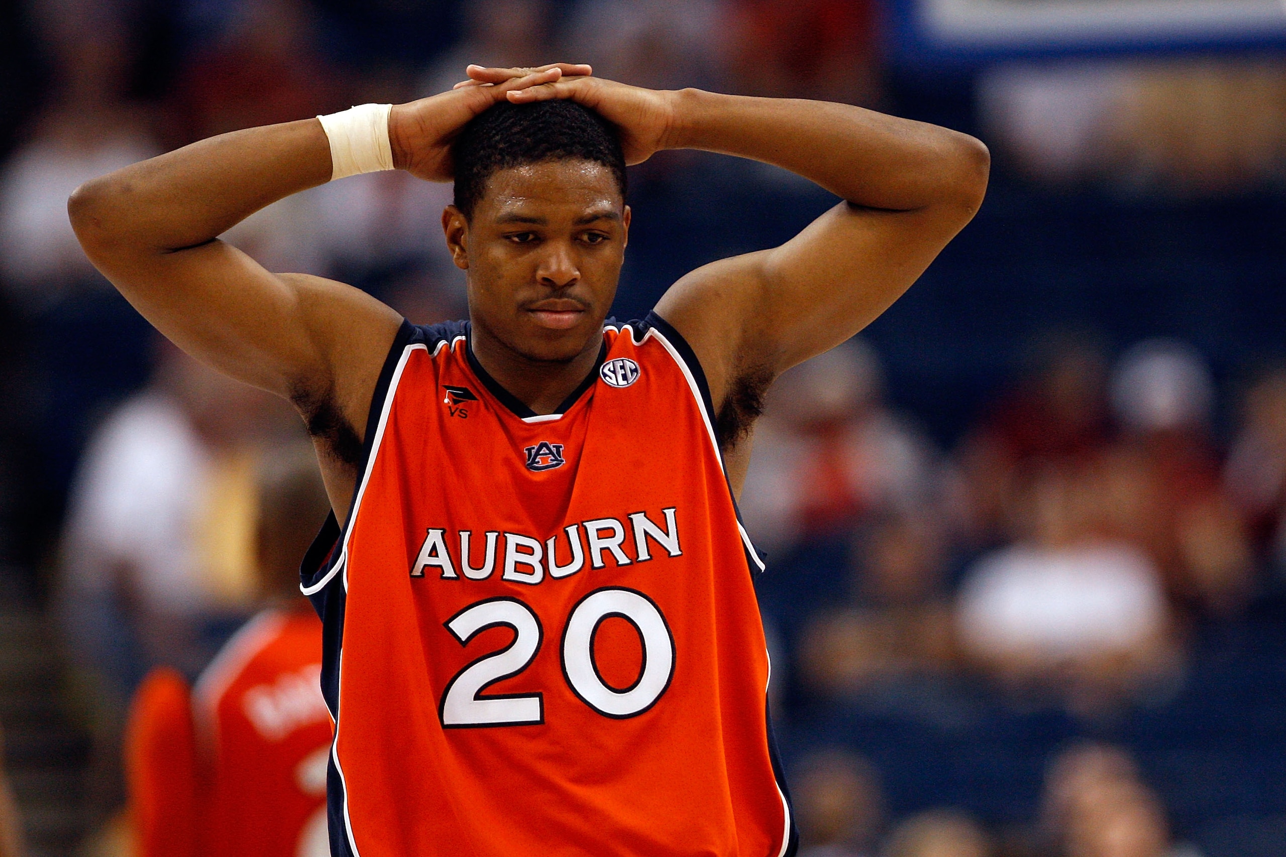 TAMPA, FL - MARCH 14:  Frankie Sullivan #20 of the Auburn Tigers reacts during the final moments of the  94-85 loss to the Tennessee Volunteers during the Semifinal round of the SEC Men's Basketball Tournament on March 14, 2009 at The St. Pete Times Forum