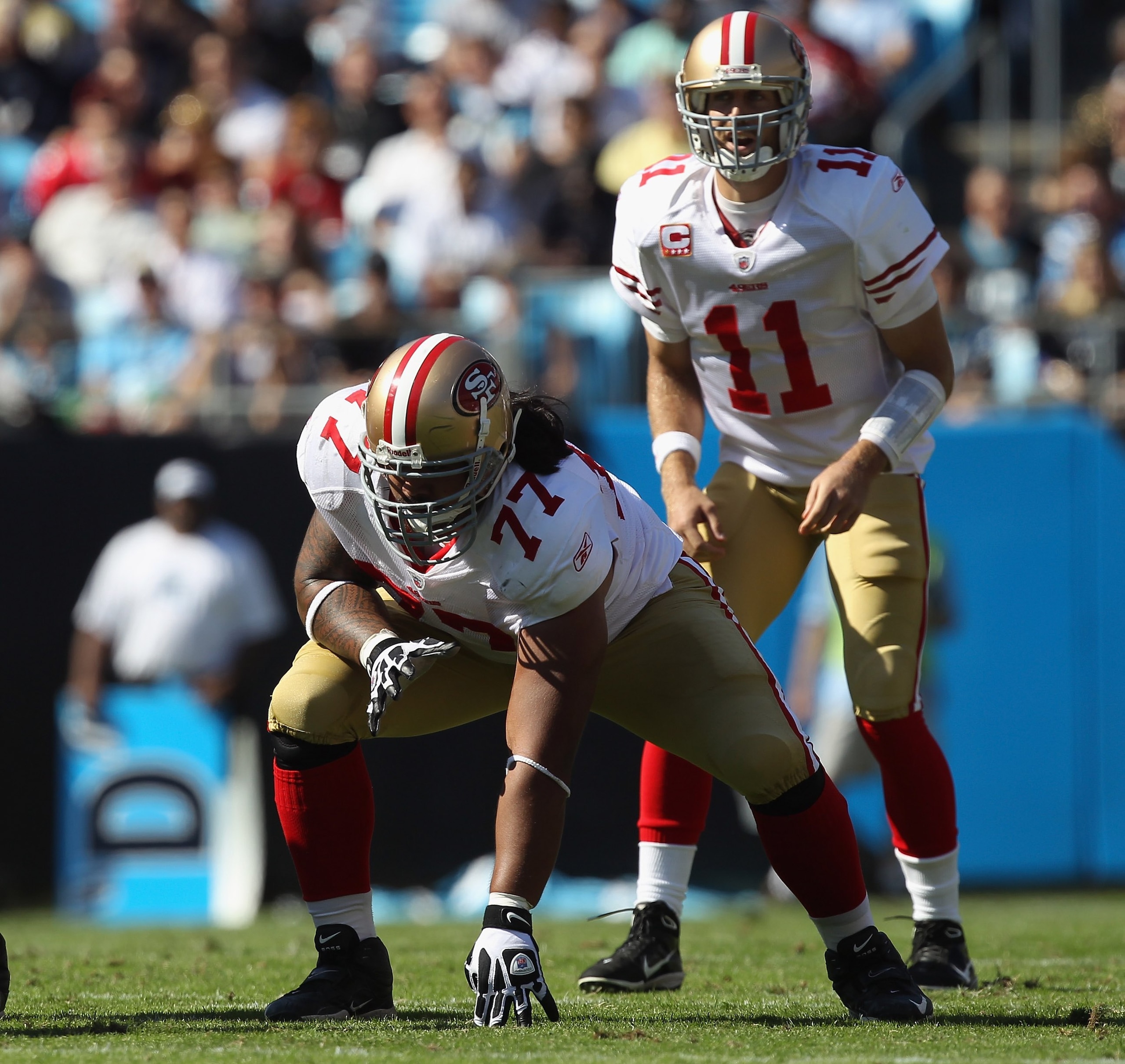 CHARLOTTE, NC - OCTOBER 24:  Mike Iupati #77 of the San Francisco 49ers against the Carolina Panthers during their game at Bank of America Stadium on October 24, 2010 in Charlotte, North Carolina.  (Photo by Streeter Lecka/Getty Images)
