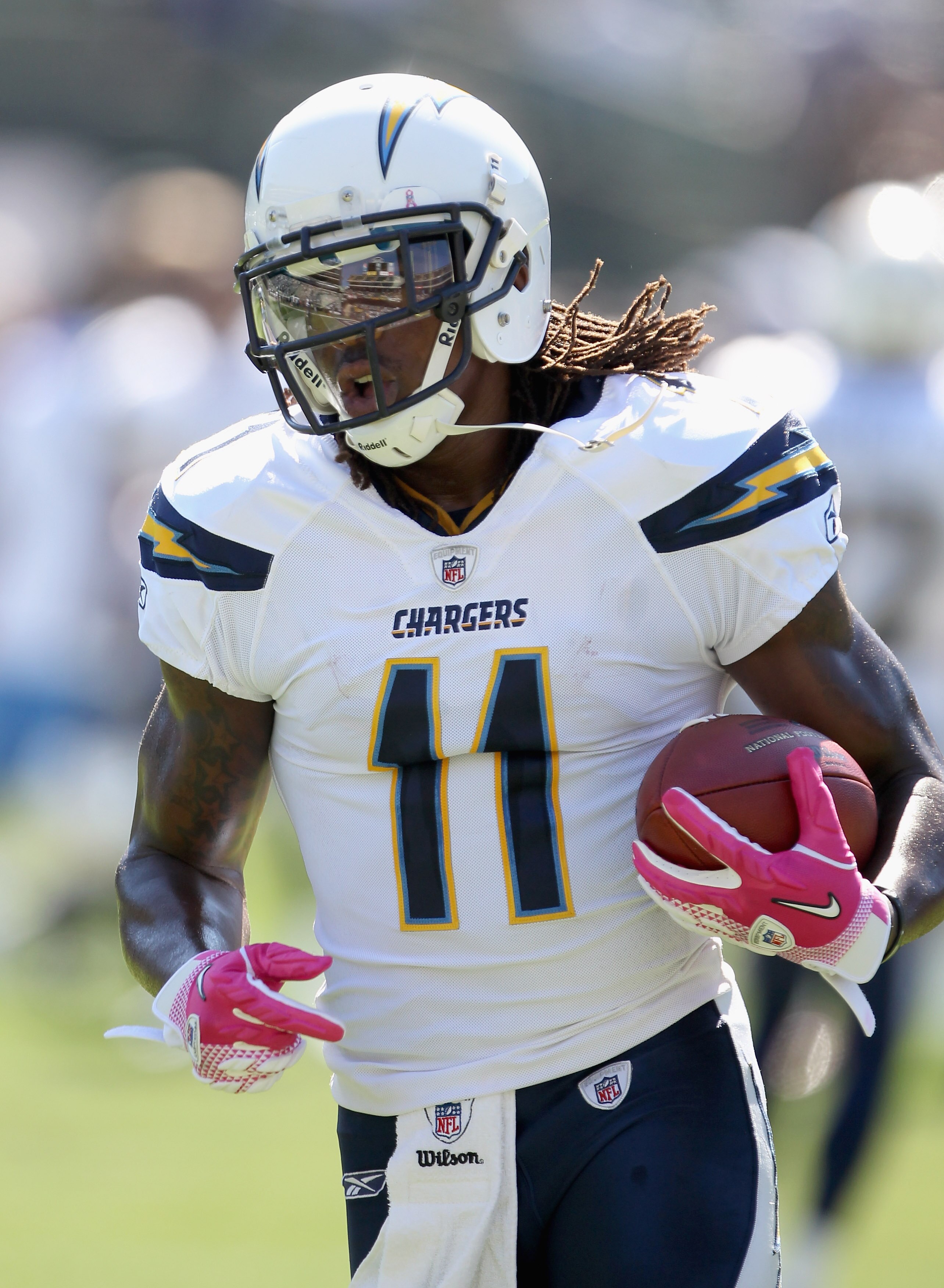 OAKLAND, CA - OCTOBER 10:  Legedu Naanee #11 of the San Diego Chargers warms up before their game against the Oakland Raiders at Oakland-Alameda County Coliseum on October 10, 2010 in Oakland, California.  (Photo by Ezra Shaw/Getty Images)