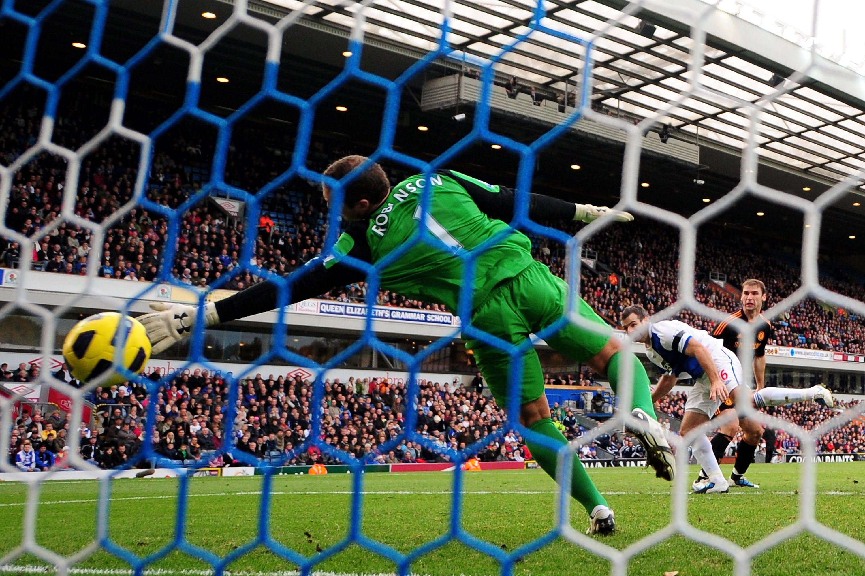 BLACKBURN, ENGLAND - OCTOBER 30:   Paul Robinson of Blackburn Rovers is unable to stop Branislav Ivanovic of Chelsea scoring the winning goal during the Barclays Premier League match between Blackburn Rovers and Chelsea at Ewood Park on October 30, 2010 i