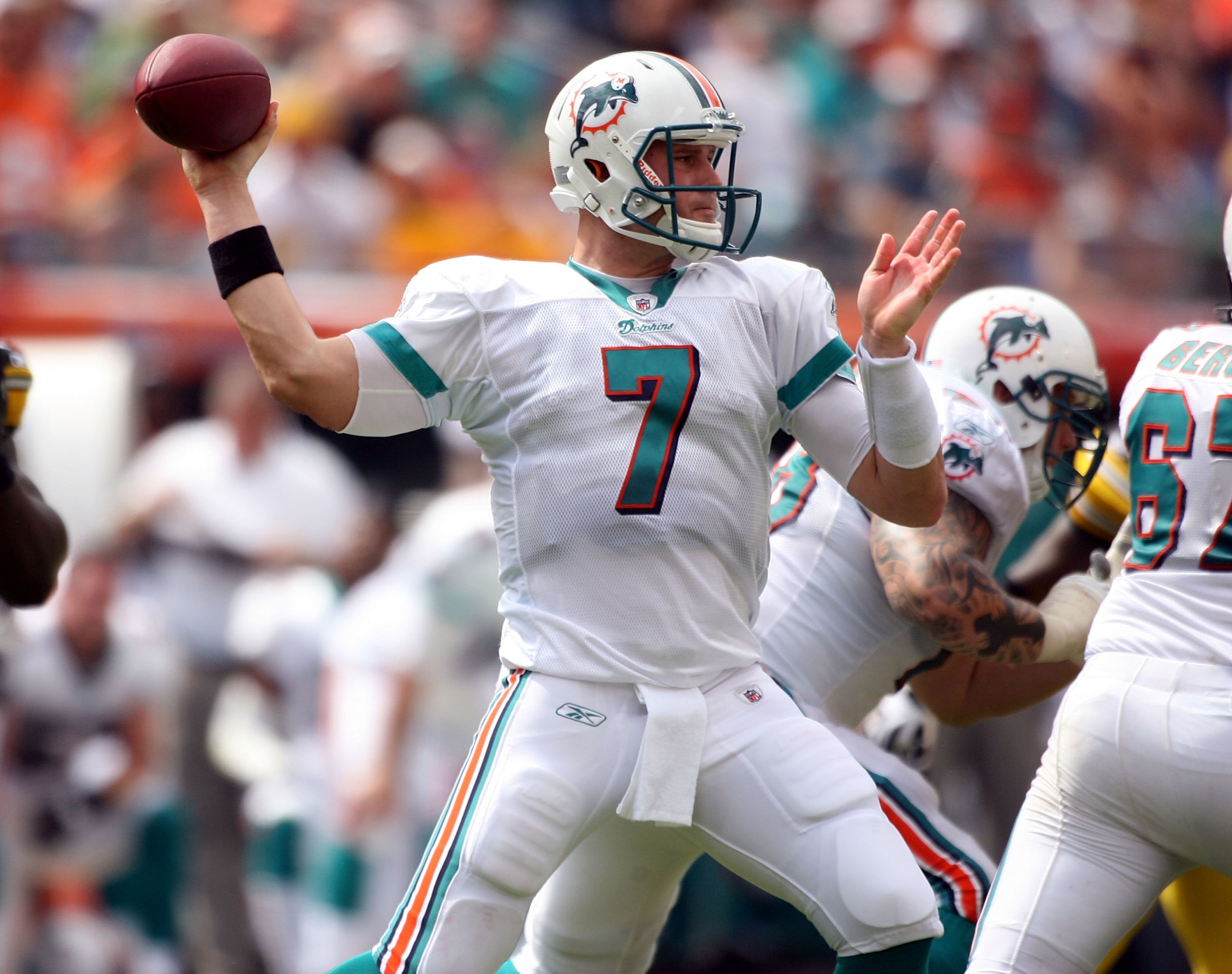 MIAMI - OCTOBER 24: Quarterback Chad Henne #7 passes against the Pittsburgh Steelers at Sun Life Stadium on October 24, 2010 in Miami, Florida. (Photo by Marc Serota/Getty Images) MIAMI - OCTOBER 24: Quarterback Chad Henne #7 passes against the Pittsburgh Steelers at Sun Life Stadium on October 24, 2010 in Miami, Florida. (Photo by Marc Serota/Getty Images)