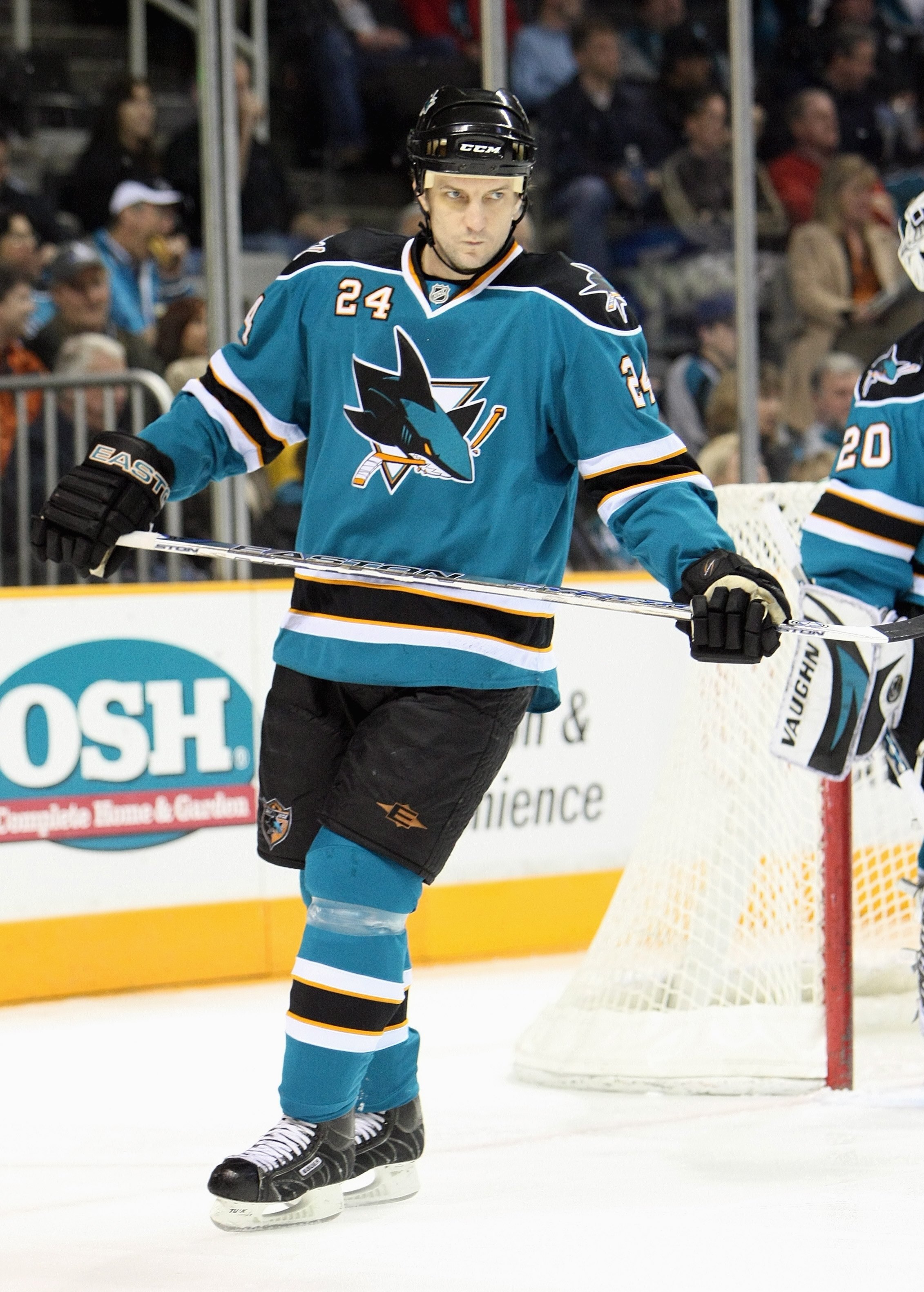 SAN JOSE, CA - JANUARY 24: Sandis Ozolinsh #24 of the San Jose Sharks skates against the St Louis Blues during an NHL game on January 24, 2008 at the HP Pavillion in San Jose, California. (Photo by Jed Jacobsohn/Getty Images)