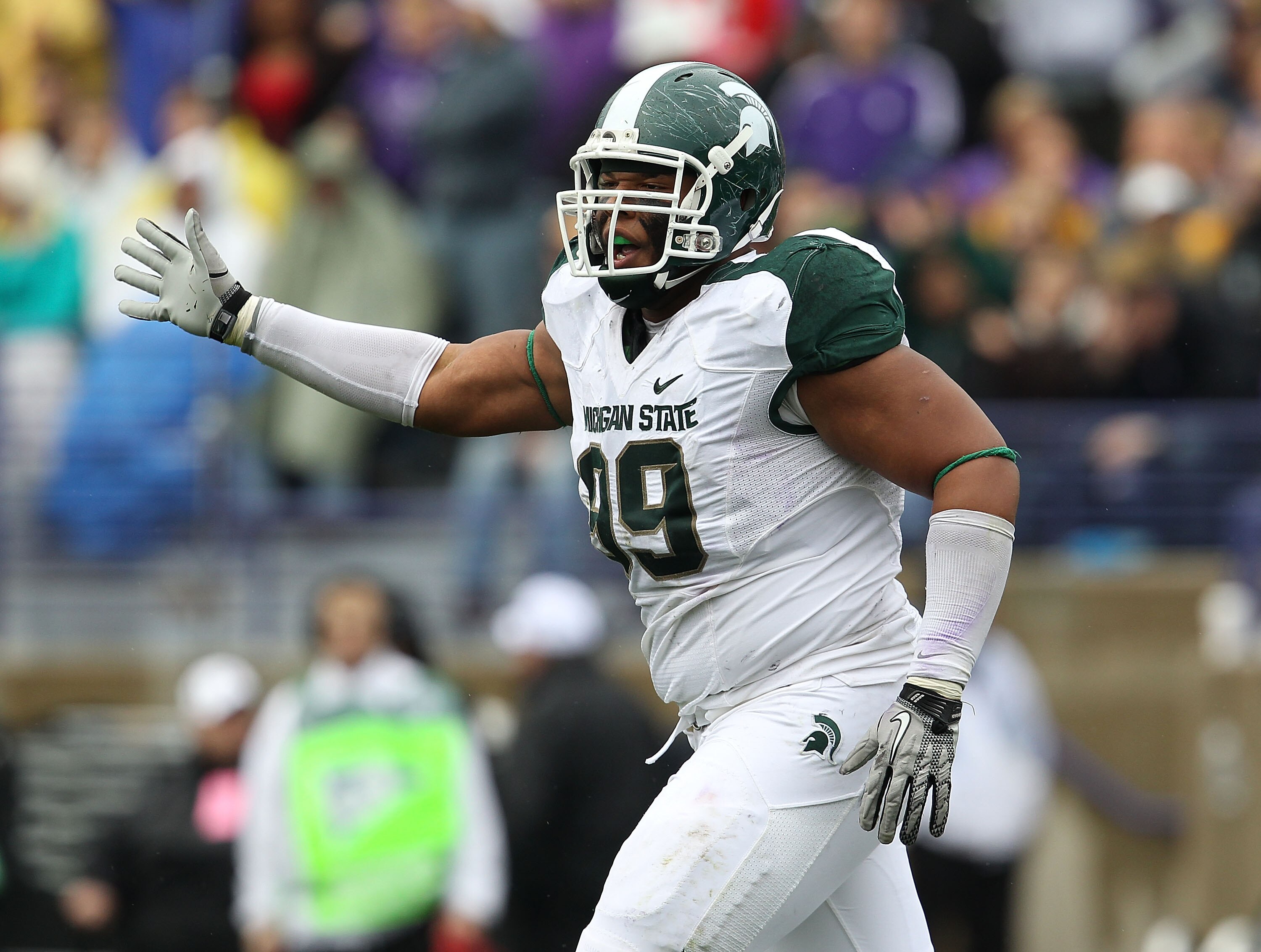 EVANSTON, IL - OCTOBER 23: Jerel Worthy #99 of the Michigan State Spartans celebrates a defensive play against the Northwestern Wildcats at Ryan Field on October 23, 2010 in Evanston, Illinois. Michigan State defeated Northwestern 35-27. (Photo by Jonatha