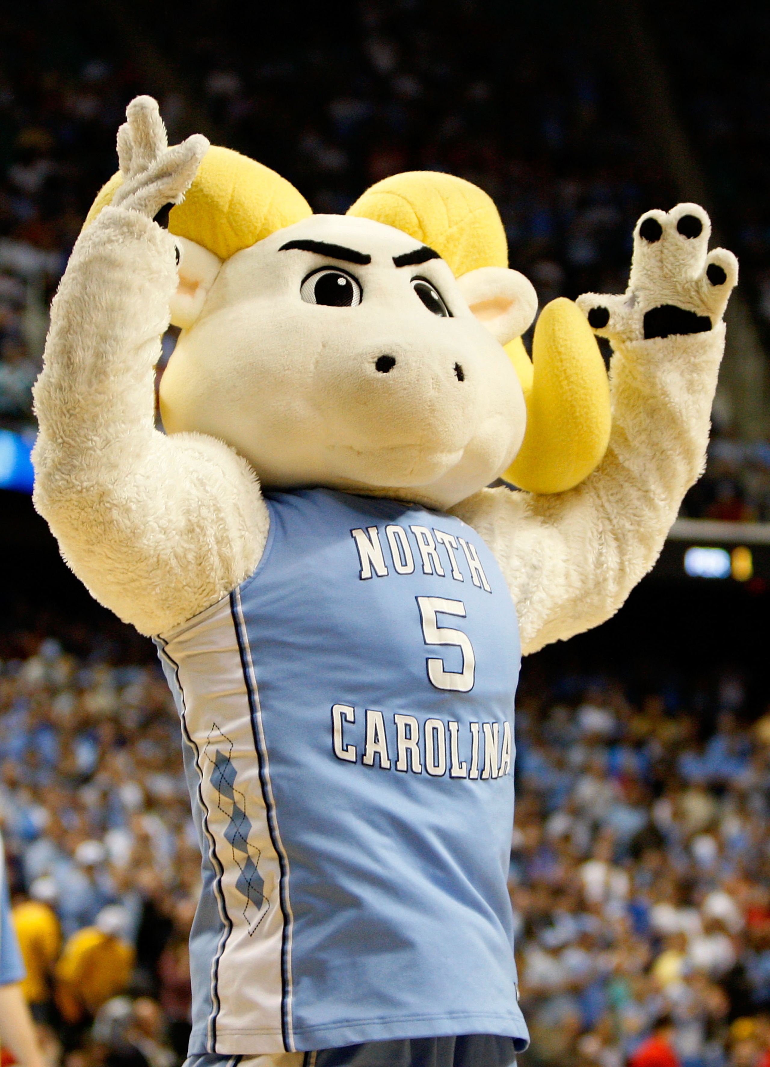 GREENSBORO, NC - MARCH 19:  Rameses, mascot of the North Carolina Tar Heels, cheers against the Radford Highlanders during the first round of the NCAA Division I Men's Basketball Tournament at the Greensboro Coliseum on March 19, 2009 in Greensboro, North