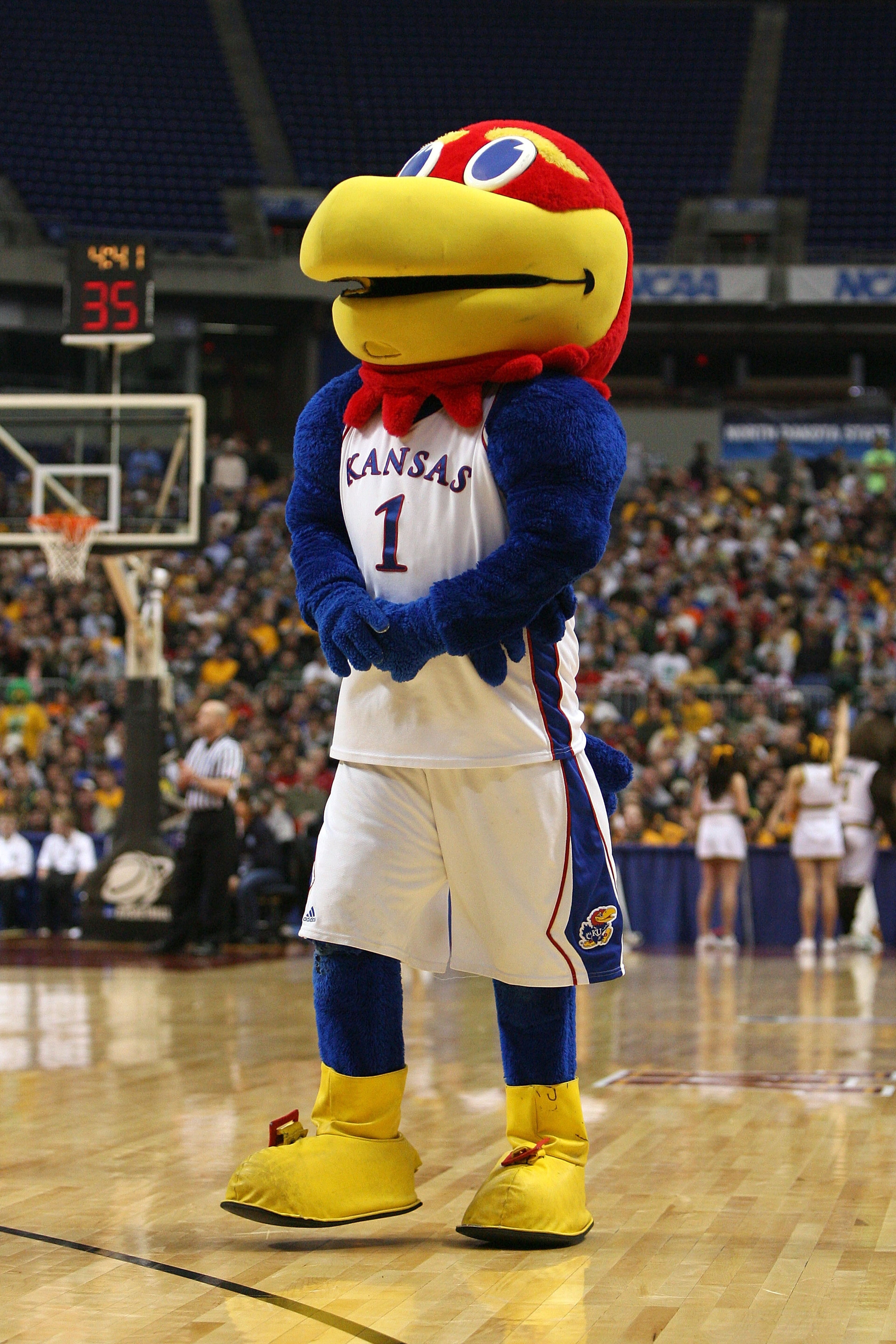 MINNEAPOLIS - MARCH 20:  The mascot of the Kansas Jayhawks performs  against the North Dakota State Bison during the first round of the NCAA Division I Men's Basketball Tournament at the Hubert H. Humphrey Metrodome on March 20, 2009 in Minneapolis, Minne