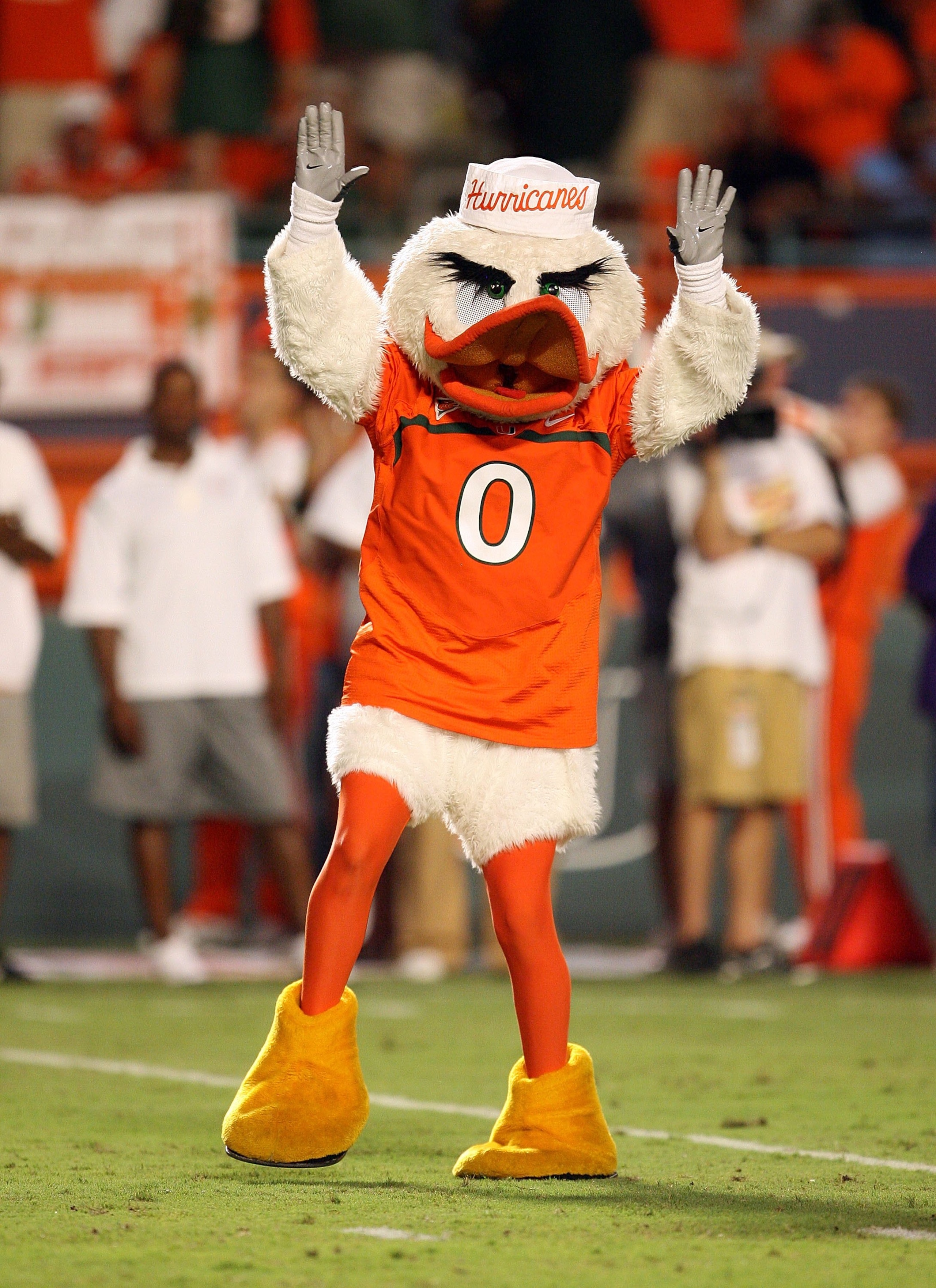 MIAMI GARDENS, FL - SEPTEMBER 17:  Sebastian the Ibis gets the crowd into the game as the Miami Hurricanes take on the Georgia Tech Yellow Jackets at Land Shark Stadium on September 17, 2009 in Miami Gardens, Florida. Miami defeated Georgia Tech 33-17.  (