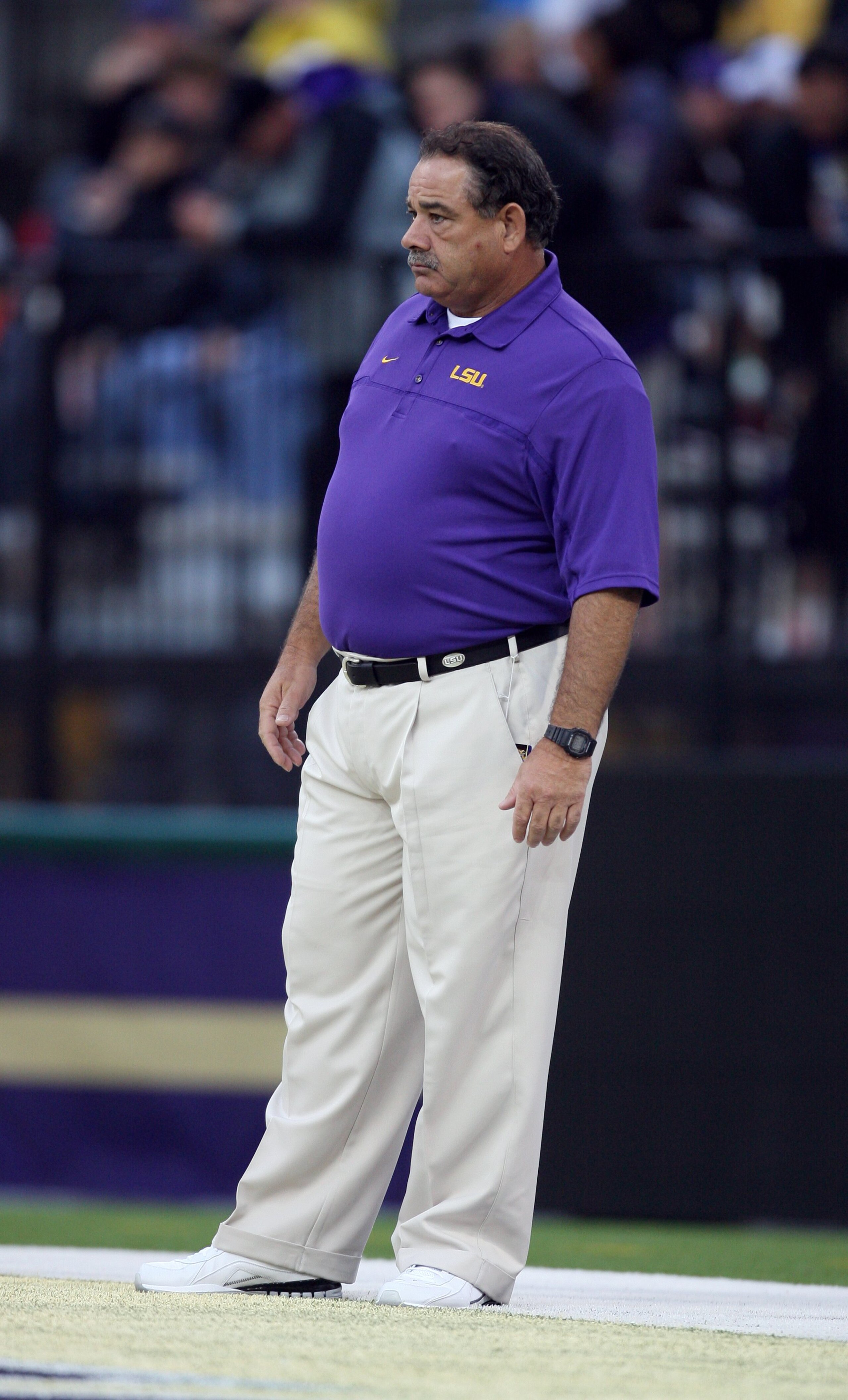 SEATTLE - SEPTEMBER 5:  Defensive coordinator John Chavis of the LSU Tigers looks on during pre-game warm-up against the Washington Huskies on September 5, 2009 at Husky Stadium in Seattle, Washington. The LSU Tigers defeated the Washington Huskies 31-23.