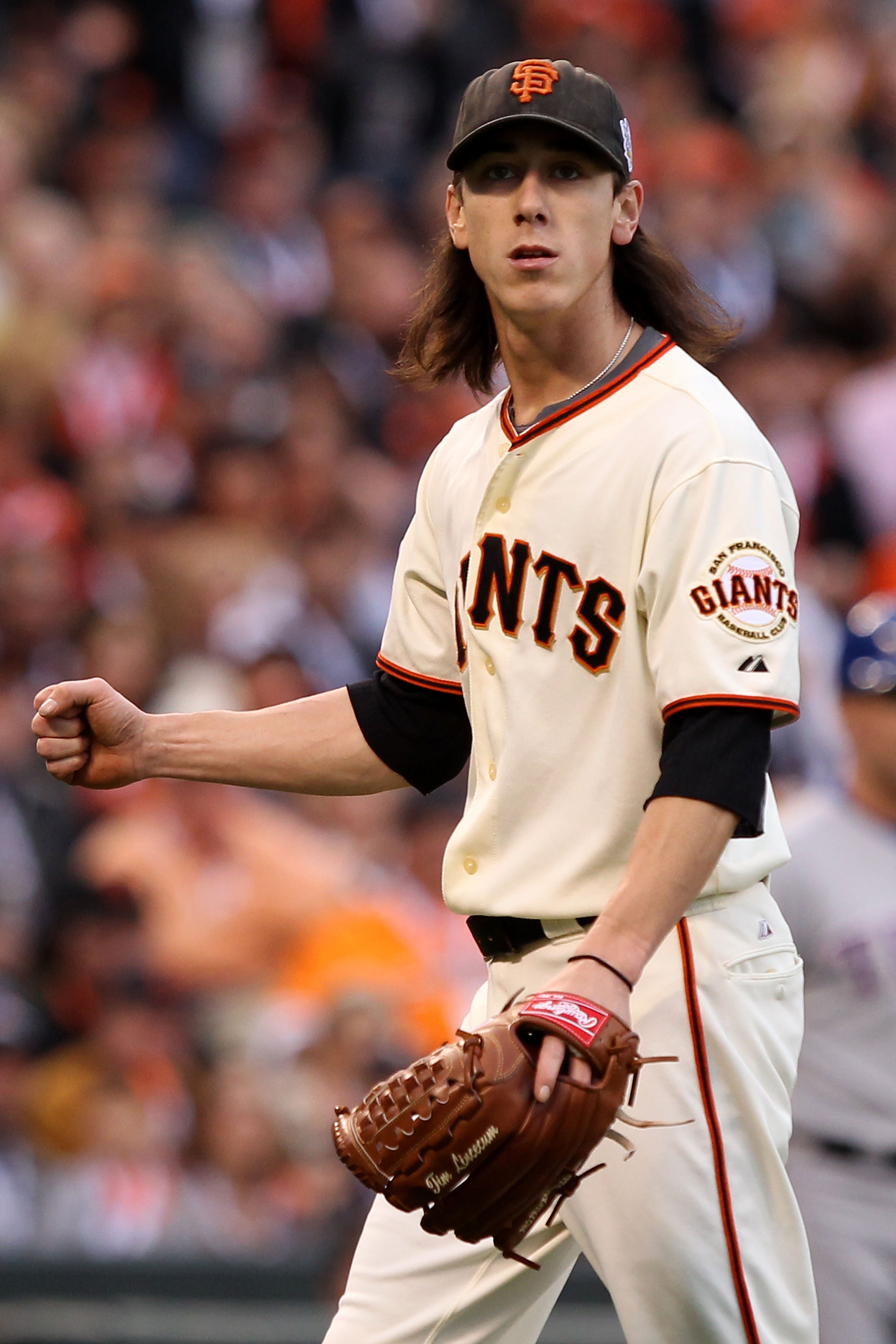 SAN FRANCISCO - OCTOBER 27:  Tim Lincecum #55 of the San Francisco Giants reacts against the Texas Rangers in Game One of the 2010 MLB World Series at AT&T Park on October 27, 2010 in San Francisco, California.  (Photo by Jed Jacobsohn/Getty Images)
