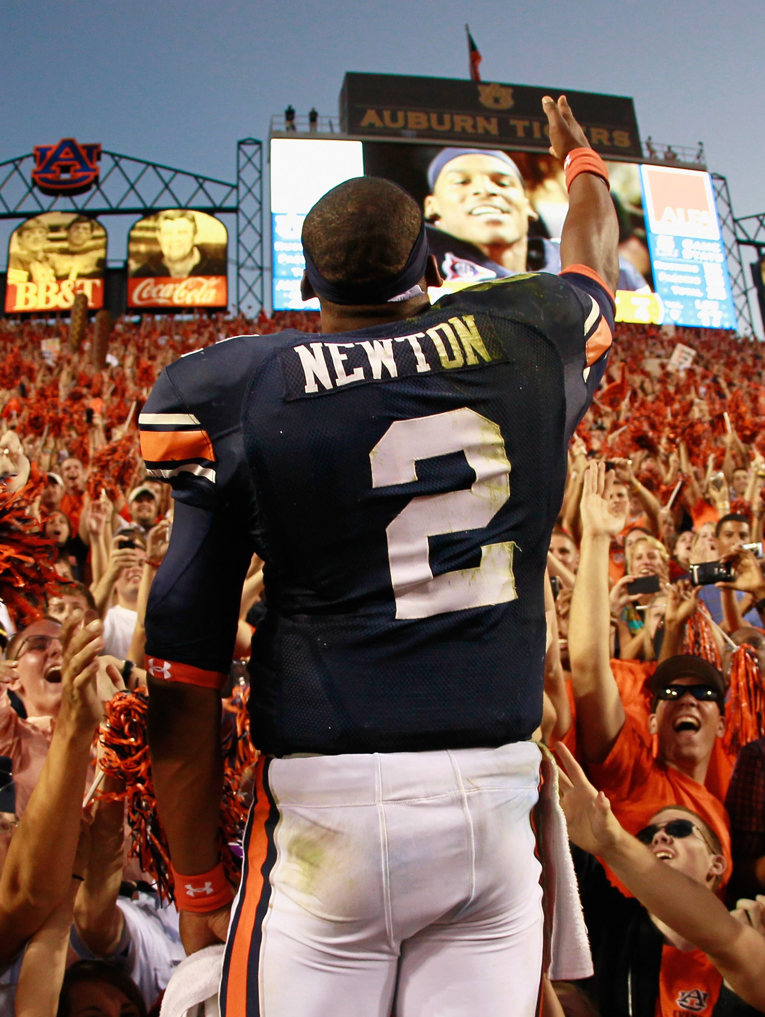 AUBURN, AL - OCTOBER 23:  Quarterback Cameron Newton #2 of the Auburn Tigers celebrates with the fans after their 24-17 over the LSU Tigers at Jordan-Hare Stadium on October 23, 2010 in Auburn, Alabama.  (Photo by Kevin C. Cox/Getty Images)