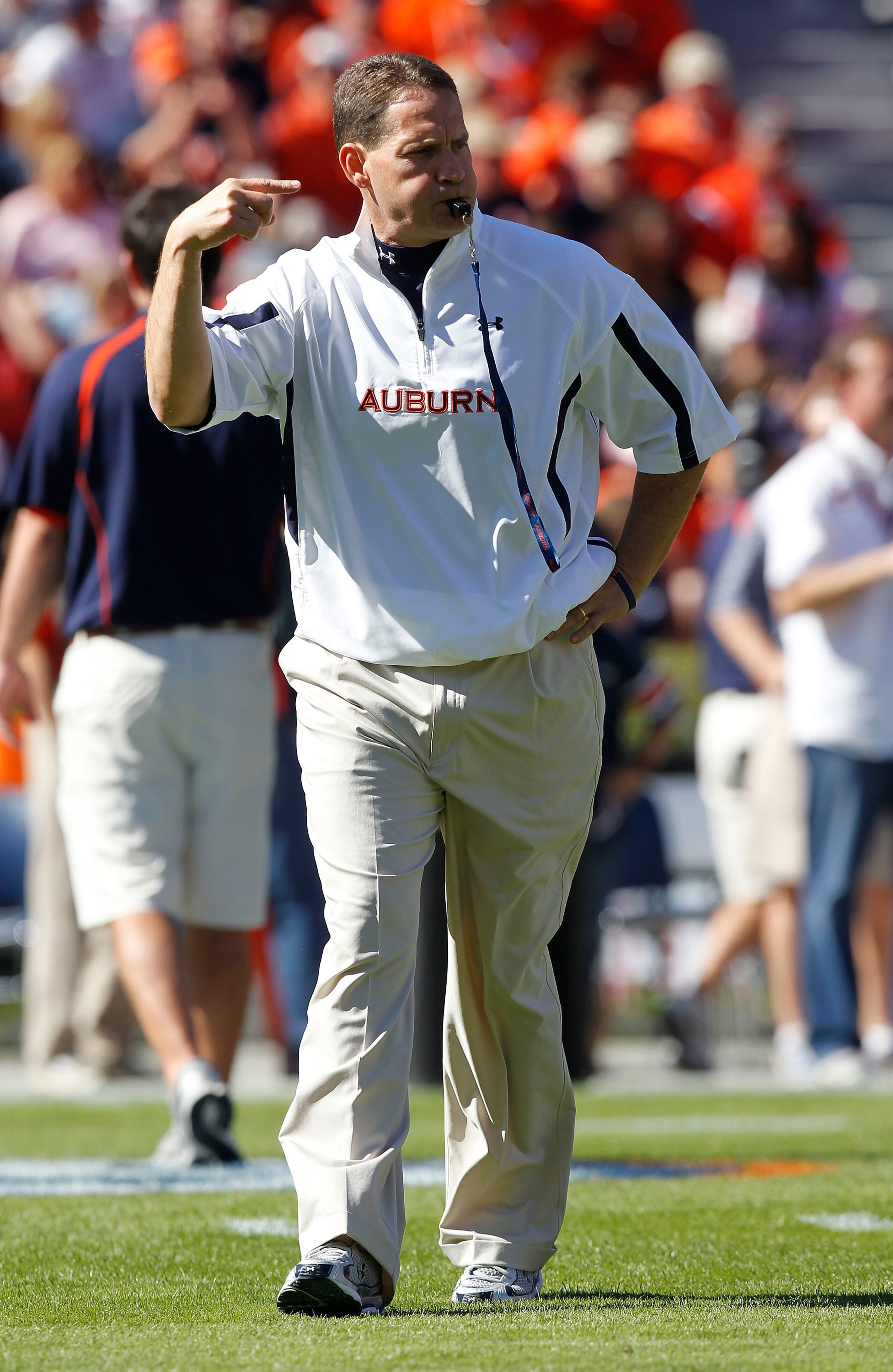 AUBURN, AL - OCTOBER 16:  Auburn head coach Gene Chizik blows his whistle during warm ups before the game against the Arkansas Razorbacks at Jordan-Hare Stadium on October 16, 2010 in Auburn, Alabama.  (Photo by Mike Zarrilli/Getty Images)