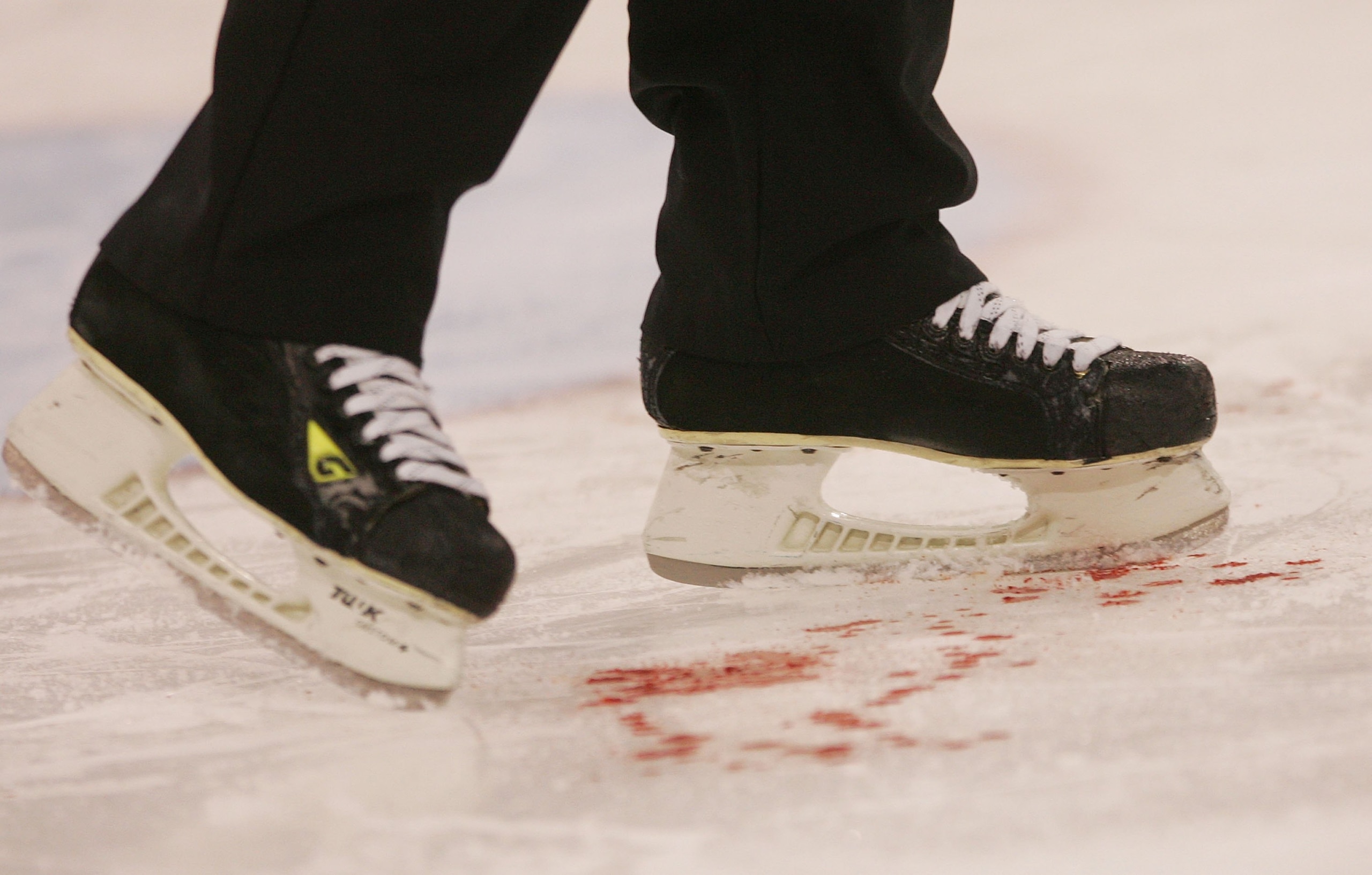 PITTSBURGH - MAY 04: Blood lays on the ice after an injury to Chris Drury #23 of the New York Rangers in his game against the Pittsburgh Penguins in game five of the Eastern Conference Semifinals of the 2008 NHL Stanley Cup Playoffs on May 4, 2008 at the