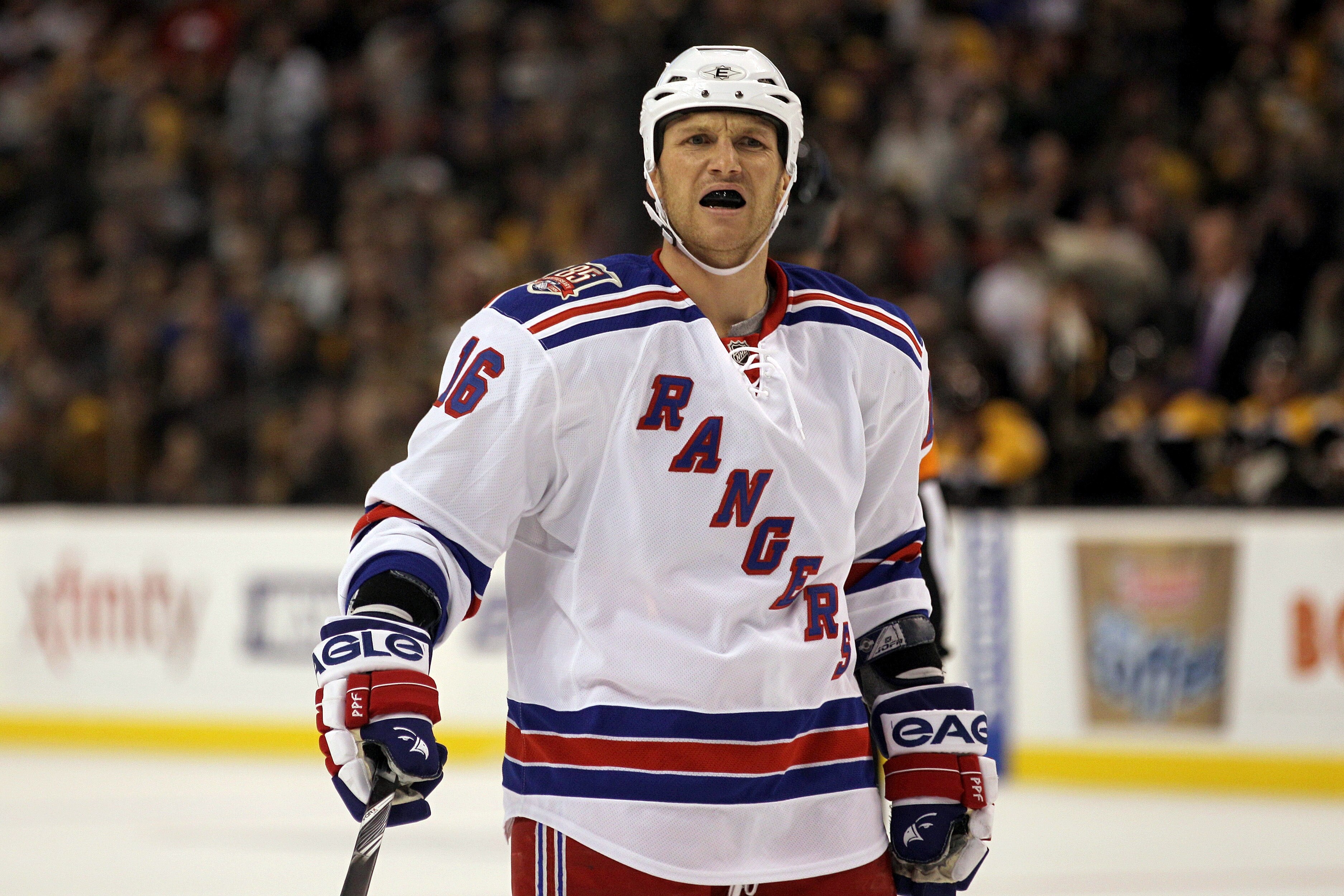 BOSTON - OCTOBER 23:  Sean Avery #16 of the New York Rangers skates against the Boston Bruins at the TD Garden on October 23, 2010 in Boston, Massachusetts.  The Rangers won 3-2.  (Photo by Bruce Bennett/Getty Images)