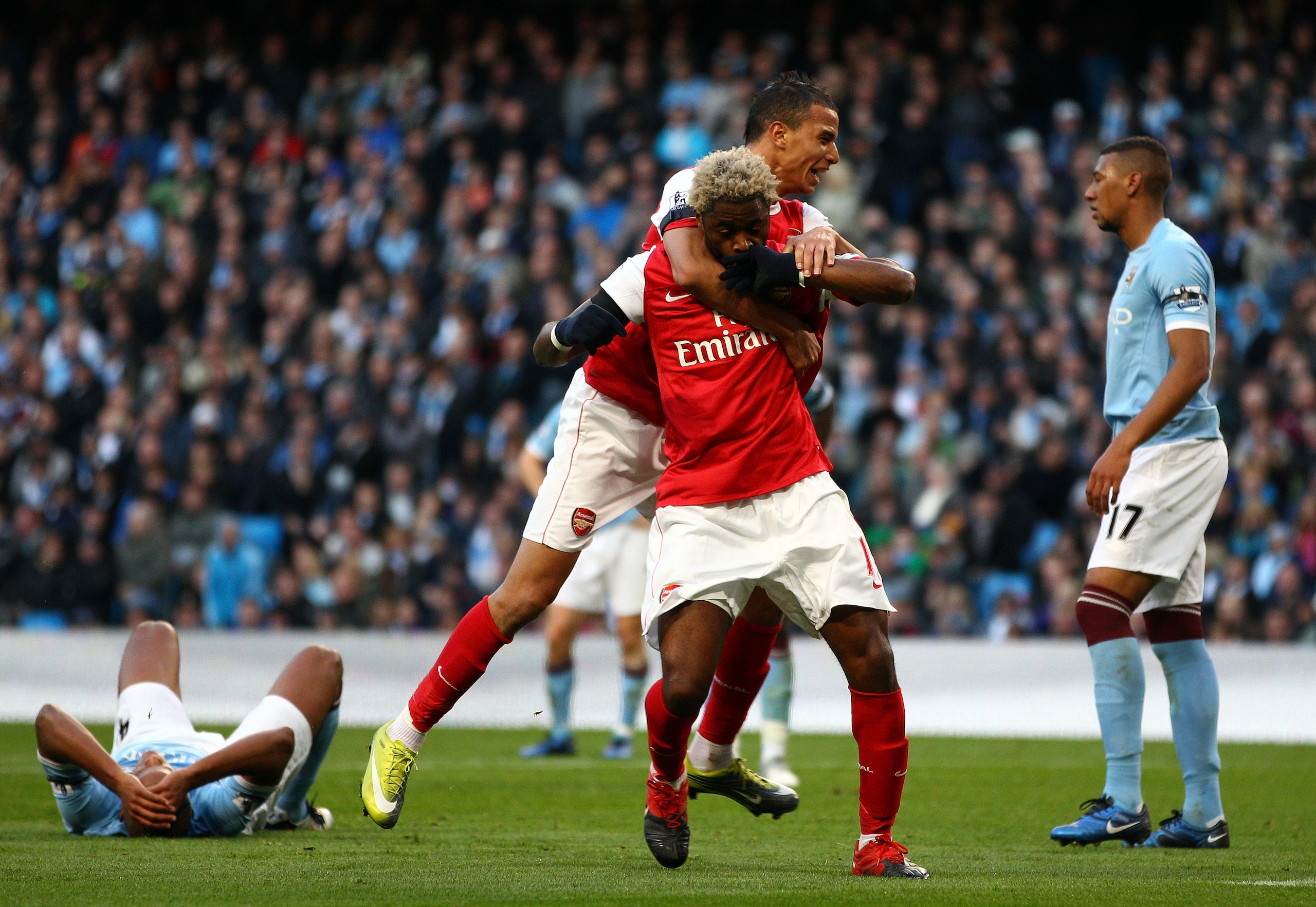 MANCHESTER, ENGLAND - OCTOBER 24:  Alex Song of Arsenal celebrates scoring the second goal during the Barclays Premier League match between Manchester City and Arsenal at City of Manchester Stadium on October 24, 2010 in Manchester, England.  (Photo by Ri