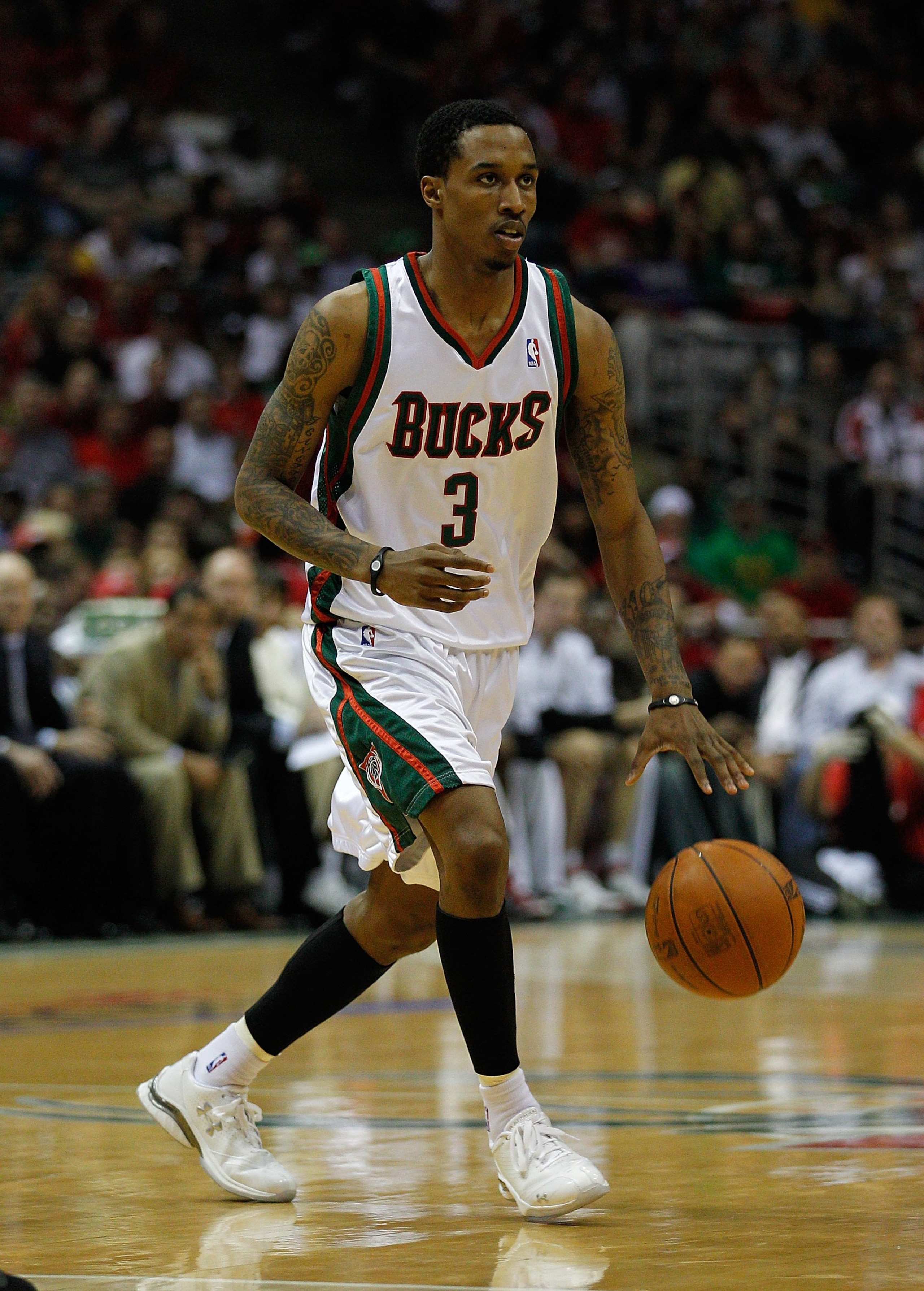 MILWAUKEE - APRIL 30: Brandon Jennings #3 of the Milwaukee Bucks brings the ball up court against the Atlanta Hawks in Game Six of the Eastern Conference Quarterfinals during the 2010 NBA Playoffs at the Bradley Center on April 30, 2010 in Milwaukee, Wisc