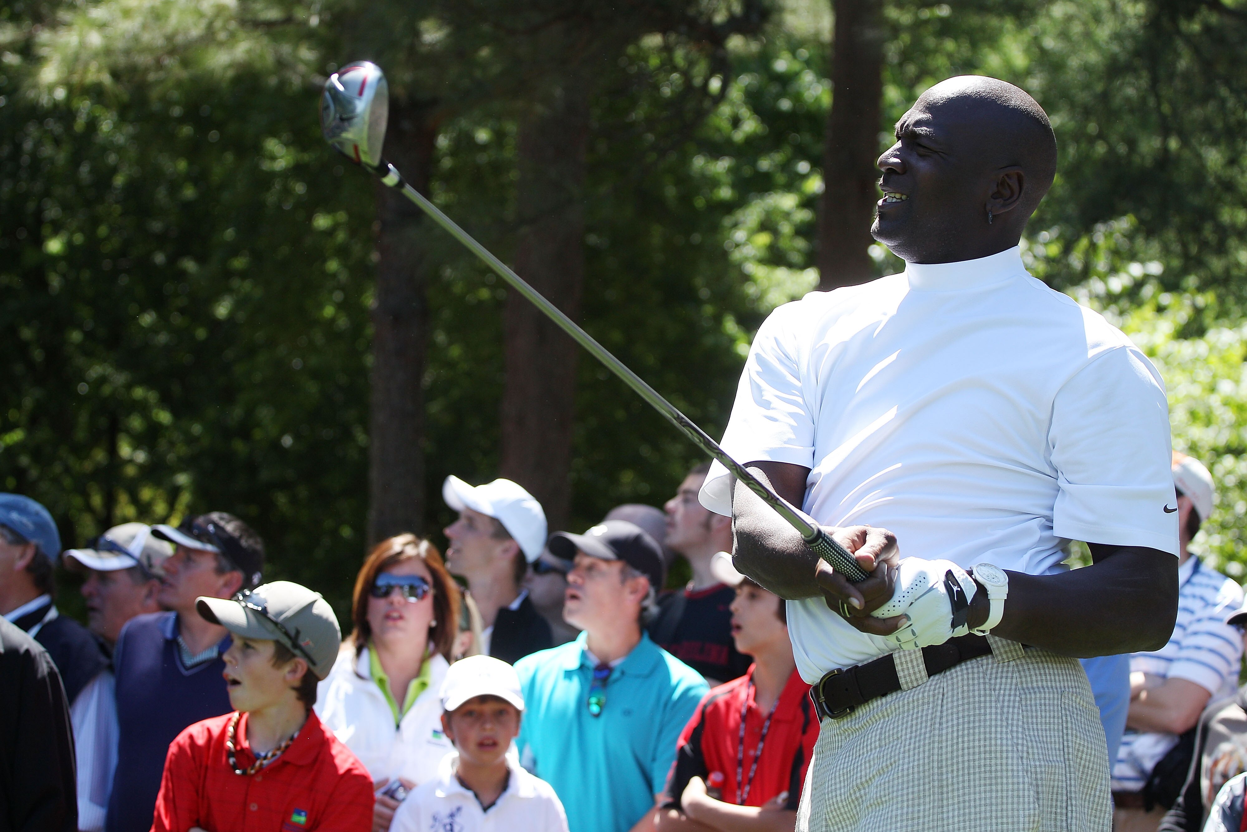 CHARLOTTE, NC - APRIL 28:  Basketball legend Michael Jordan watches a shot during the pro am prior to the start of the 2010 Quail Hollow Championship at the Quail Hollow Club on April 28, 2010 in Charlotte, North Carolina.  (Photo by Scott Halleran/Getty 