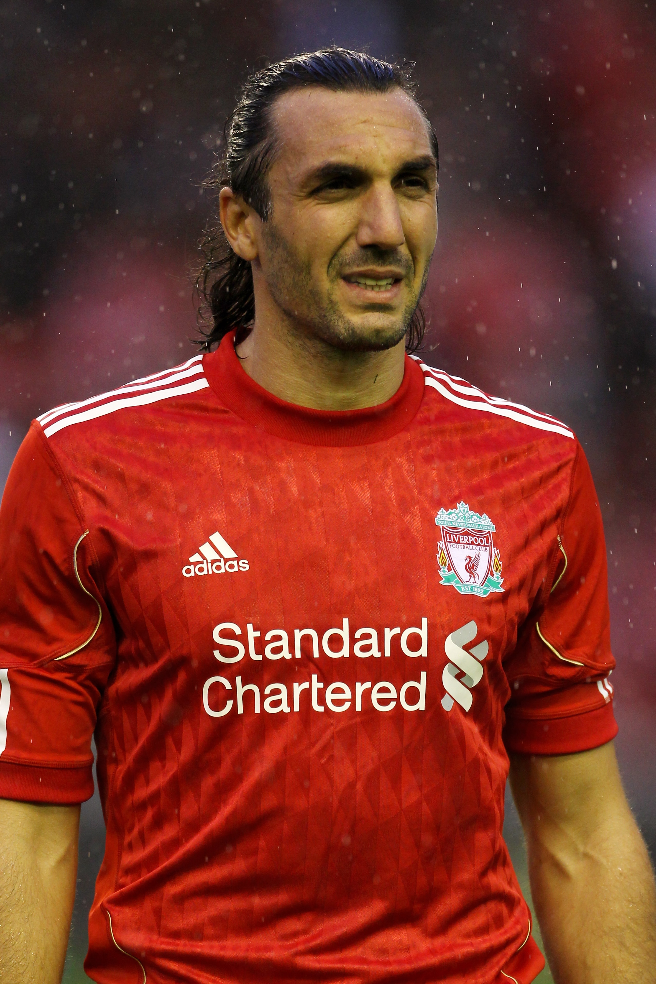 LIVERPOOL, ENGLAND - AUGUST 19:  Sotirios Kyrgiakos of Liverpool looks on prior to the UEFA Europa League play-off first leg match beteween Liverpool and Trabzonspor at Anfield on August 19, 2010 in Liverpool, England.  (Photo by Alex Livesey/Getty Images