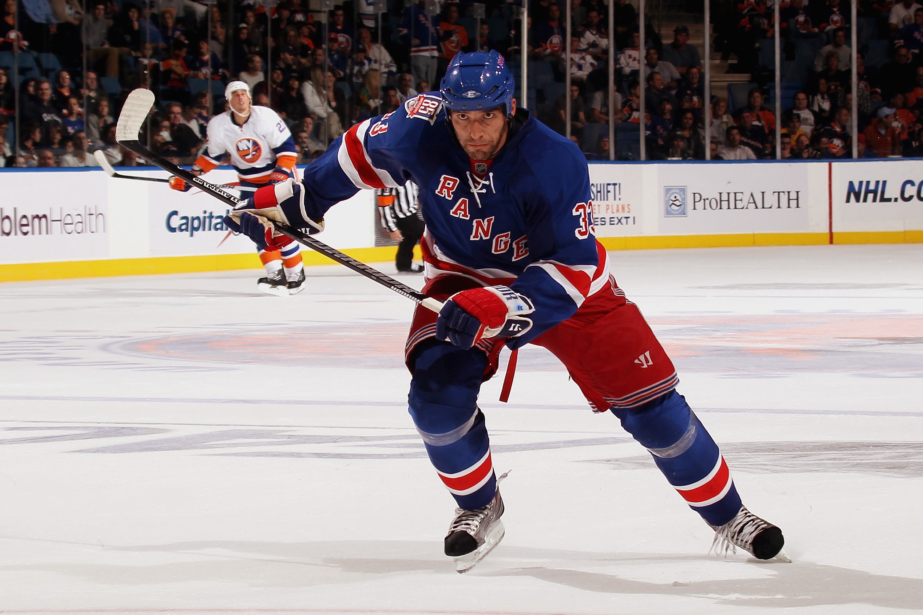UNIONDALE, NY - OCTOBER 11:  Michal Rozsival #33 of the New York Rangers skates against the New York Islanders at the Nassau Coliseum on October 11, 2010 in Uniondale, New York.  The Islanders won 6-4.  (Photo by Bruce Bennett/Getty Images)