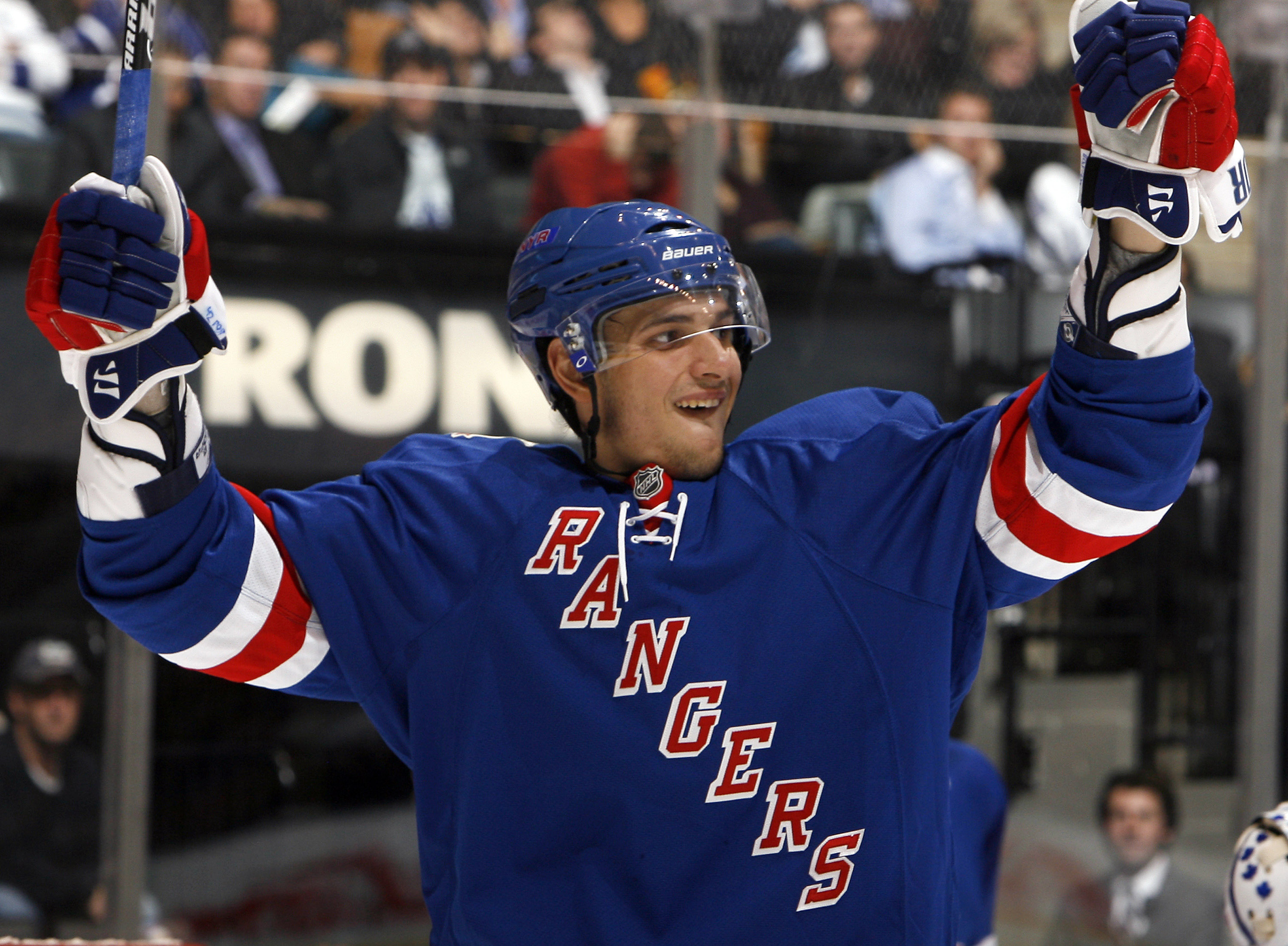 TORONTO - OCTOBER 21: Artem Anisimov #42 of the New York Rangers celebrates his goal during game action against Toronto Maple Leafs at the Air Canada Centre October 21, 2010 in Toronto, Ontario, Canada. (Photo by Abelimages/Getty Images)