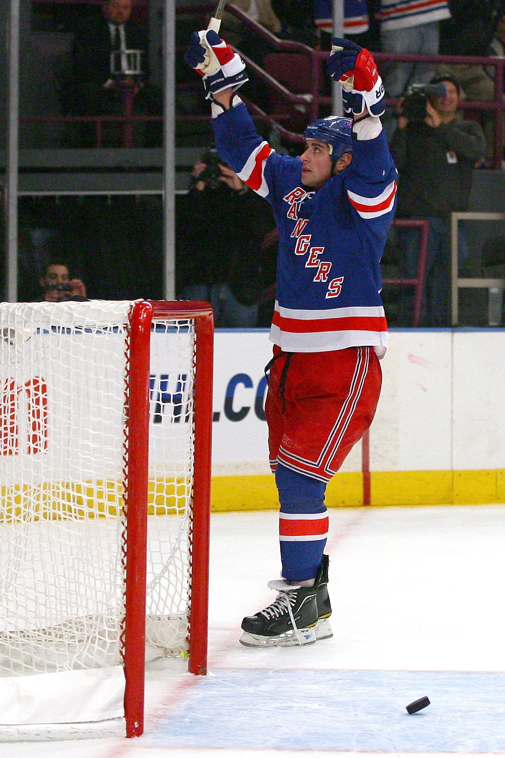 NEW YORK - OCTOBER 29: Brandon Dubinsky #17 of the New York Rangers celebrates after scoring against the Carolina Hurricanes in the second period on October 29, 2010 at Madison Square Garden in New York City, New York.  (Photo by Andrew Burton/Getty Image