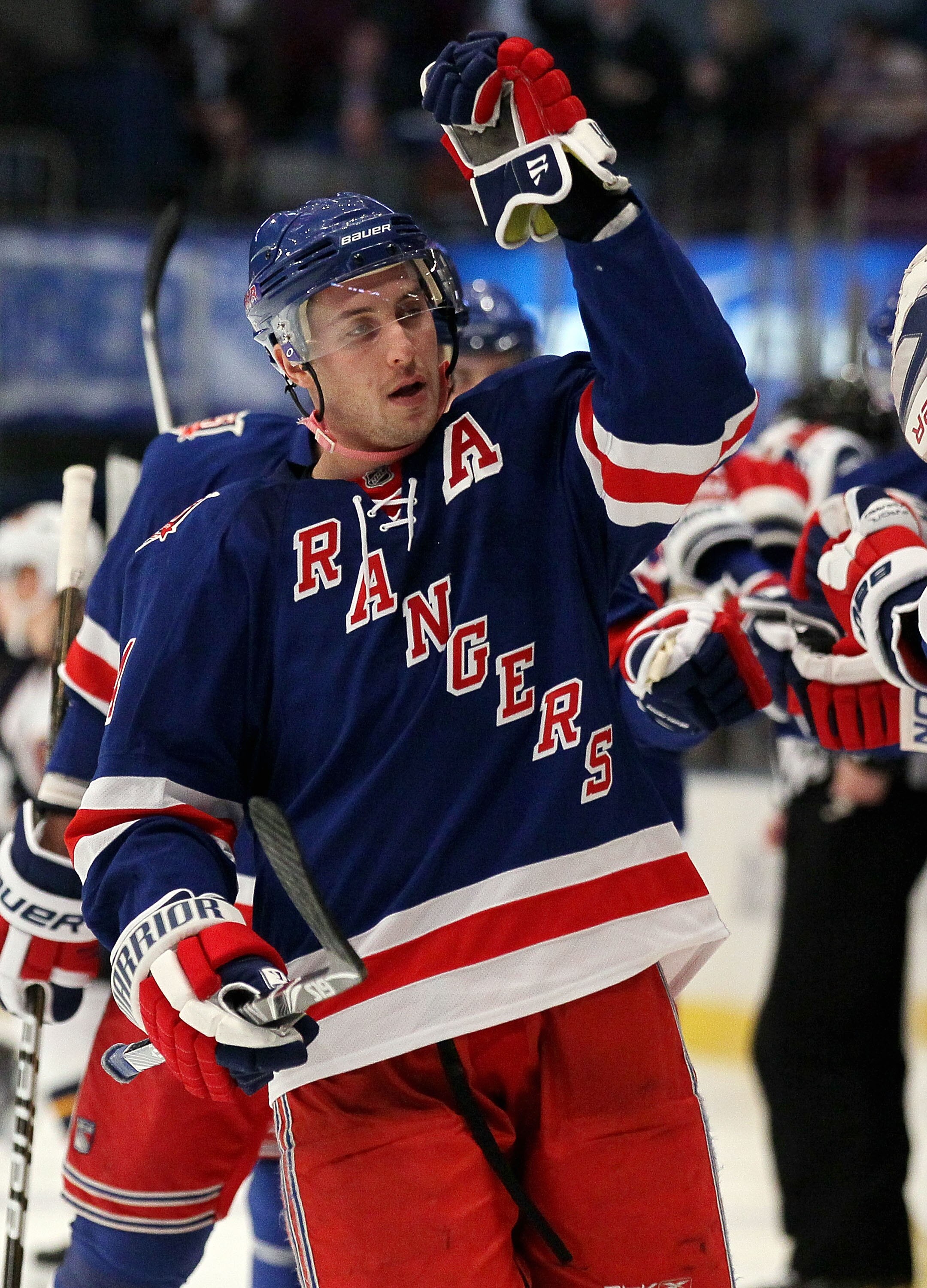 NEW YORK - OCTOBER 27:  Ryan Callahan #24 of the New York Rangers celebrates his first period goal against the Atlanta Thrashers on October 27, 2010 at Madison Square Garden in New York City.  (Photo by Jim McIsaac/Getty Images)