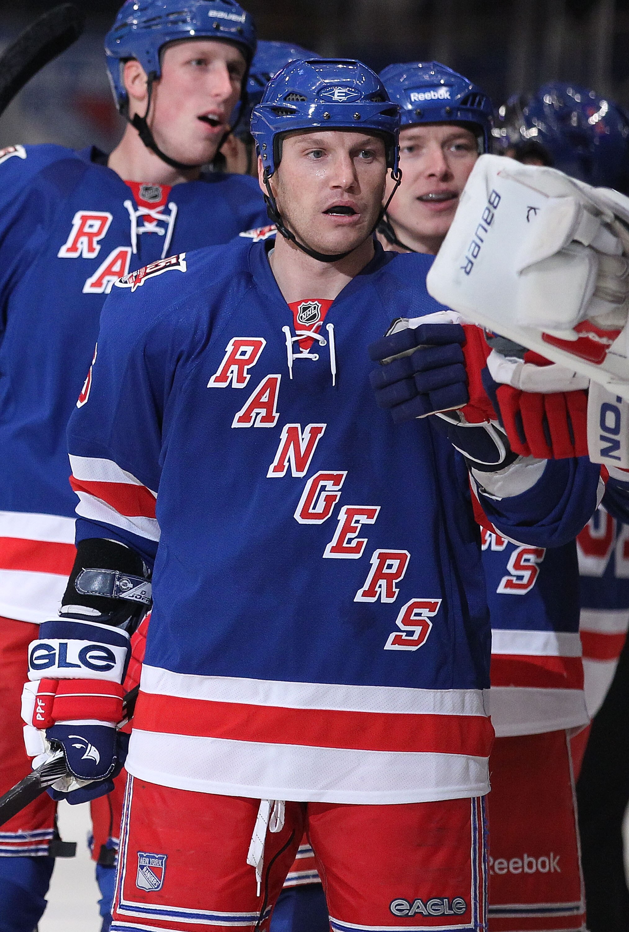 NEW YORK - OCTOBER 15: Sean Avery #16 of the New York Rangers celebrates a goal against the Toronto Maple Leafs during their game on October 15, 2010 at Madison Square Garden in New York City, New York.  (Photo by Al Bello/Getty Images)